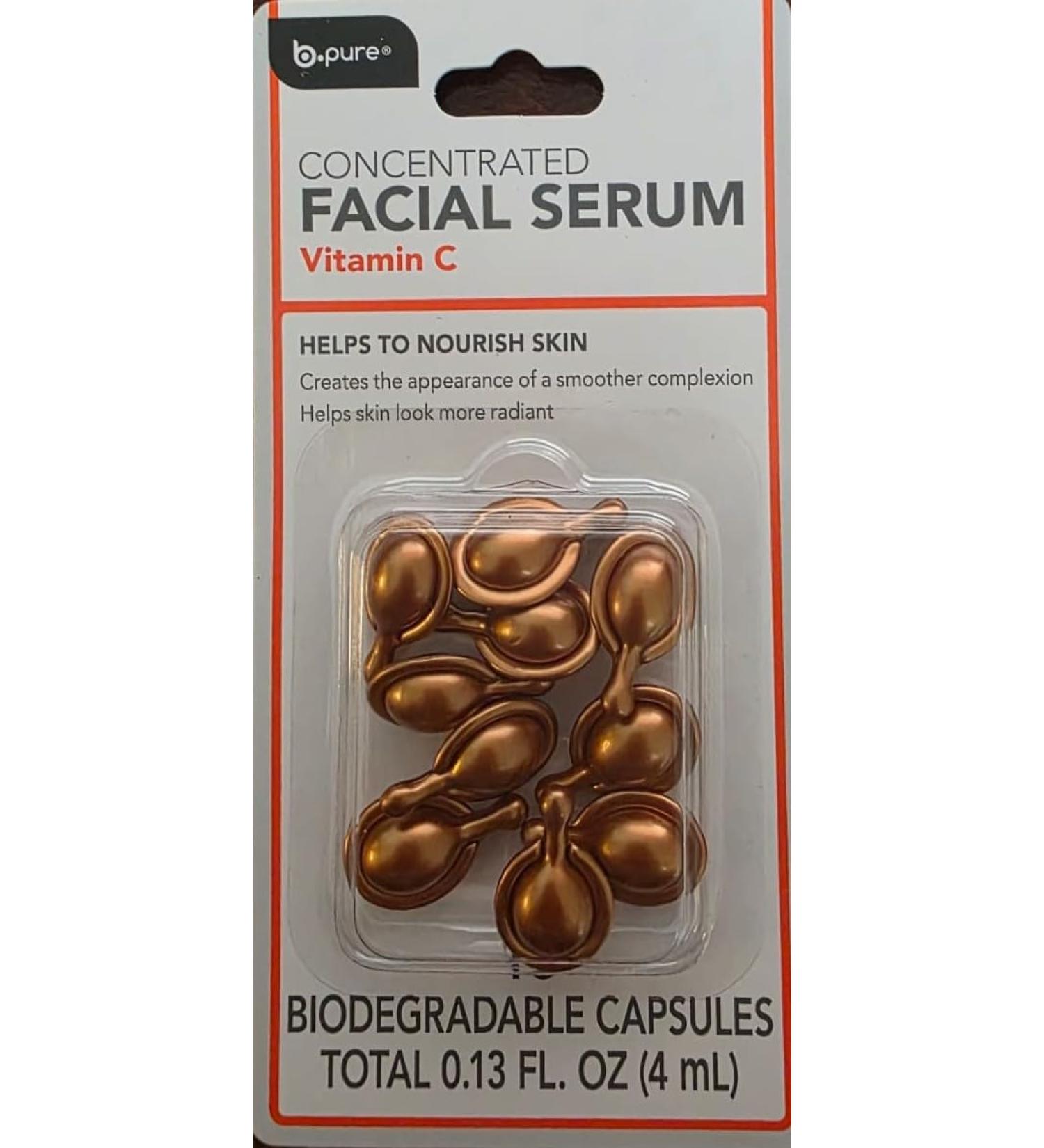 B.Pure Vitamin C Facial Serum Capsules 10 Biodegradable Travel-Size Capsules Brightening & Nourishing Skin Care for Radiance Smooth Complexion & Hydration