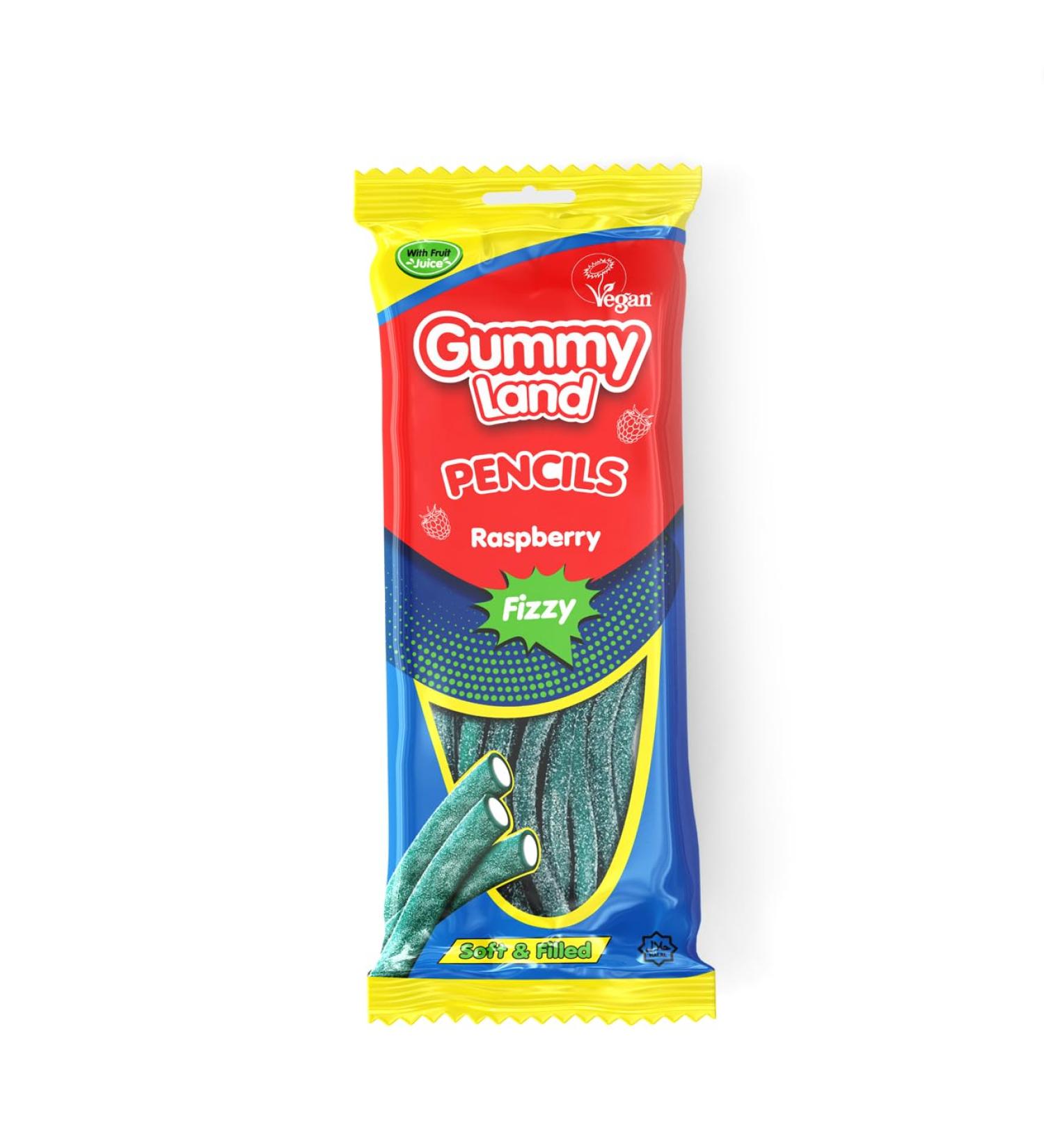 Gummy Land Fizzy Raspberry Pencils - Vegan - Halal - 150g (Pack of 12)