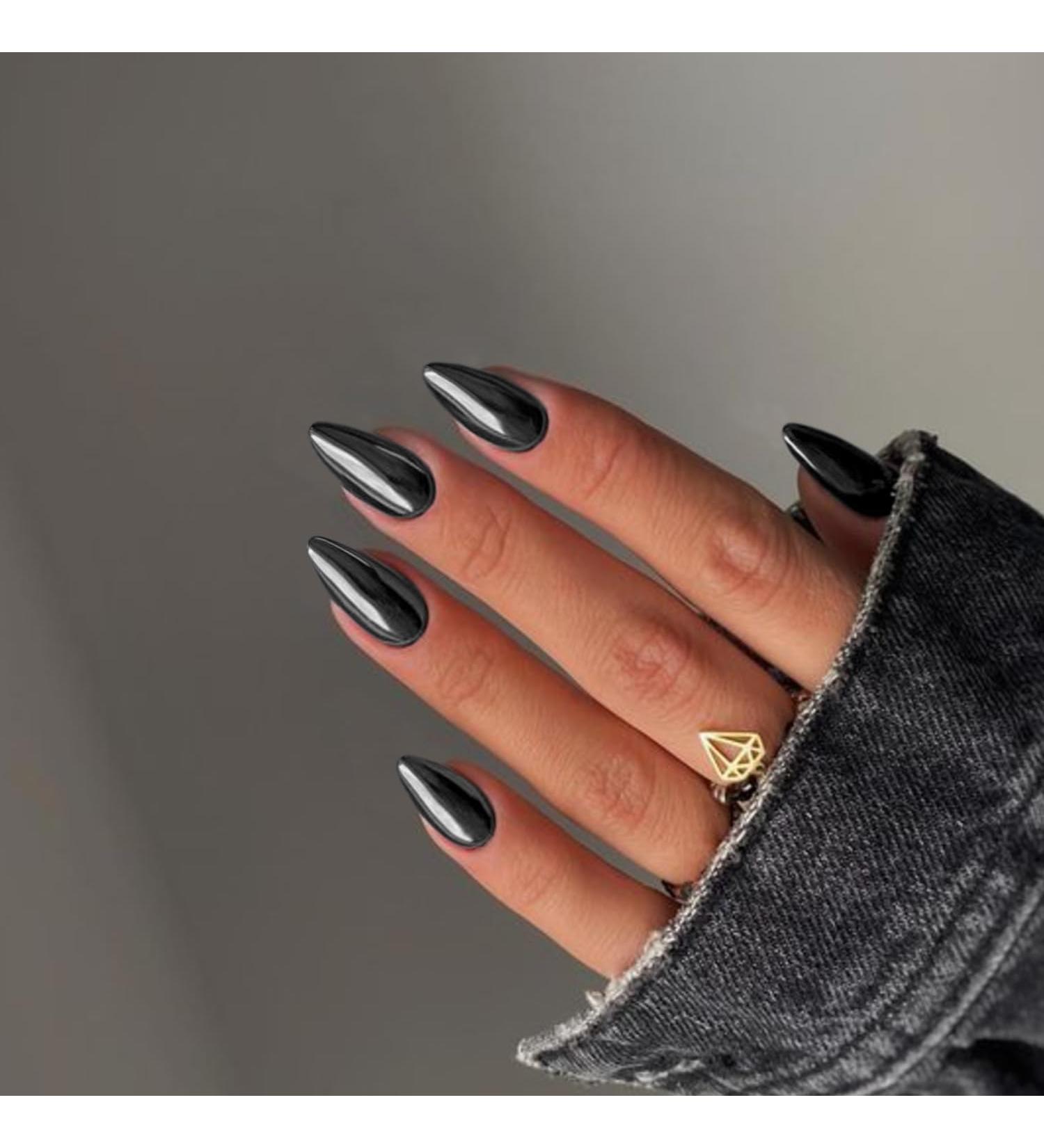 Black Chrome Press On Nails - Medium Almond - 24 PCS Metallic Fake Nails for Daily Wear | SXVME Mirror Metal Acrylic Nails - Buy Online on GoSupps.com