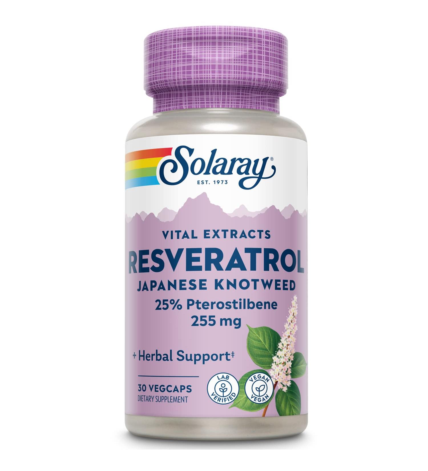 Solaray Super Resveratrol with Pterostilbene 255mg vegan gluten -free laboratory test dietary supplement with resveratrol pterostile japanese knotweed & grape extract 30 capsules