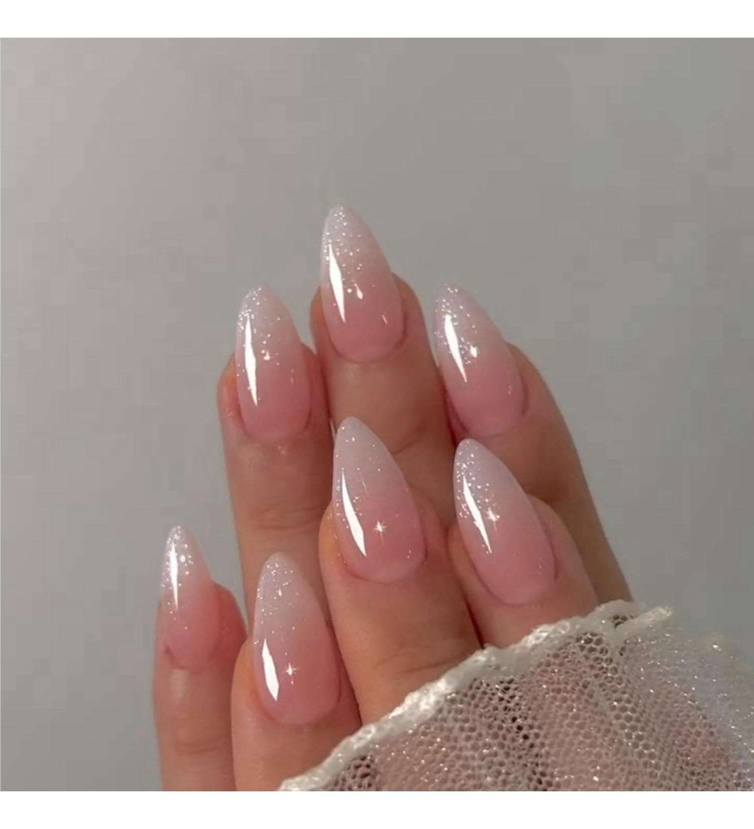 Glitter Ombre Pink Press on Almond Nails - 24 Pcs Medium Acrylic Fake Nails for Women | Stylish Glue-On Short Stiletto Tips - Buy Online on GoSupps.com