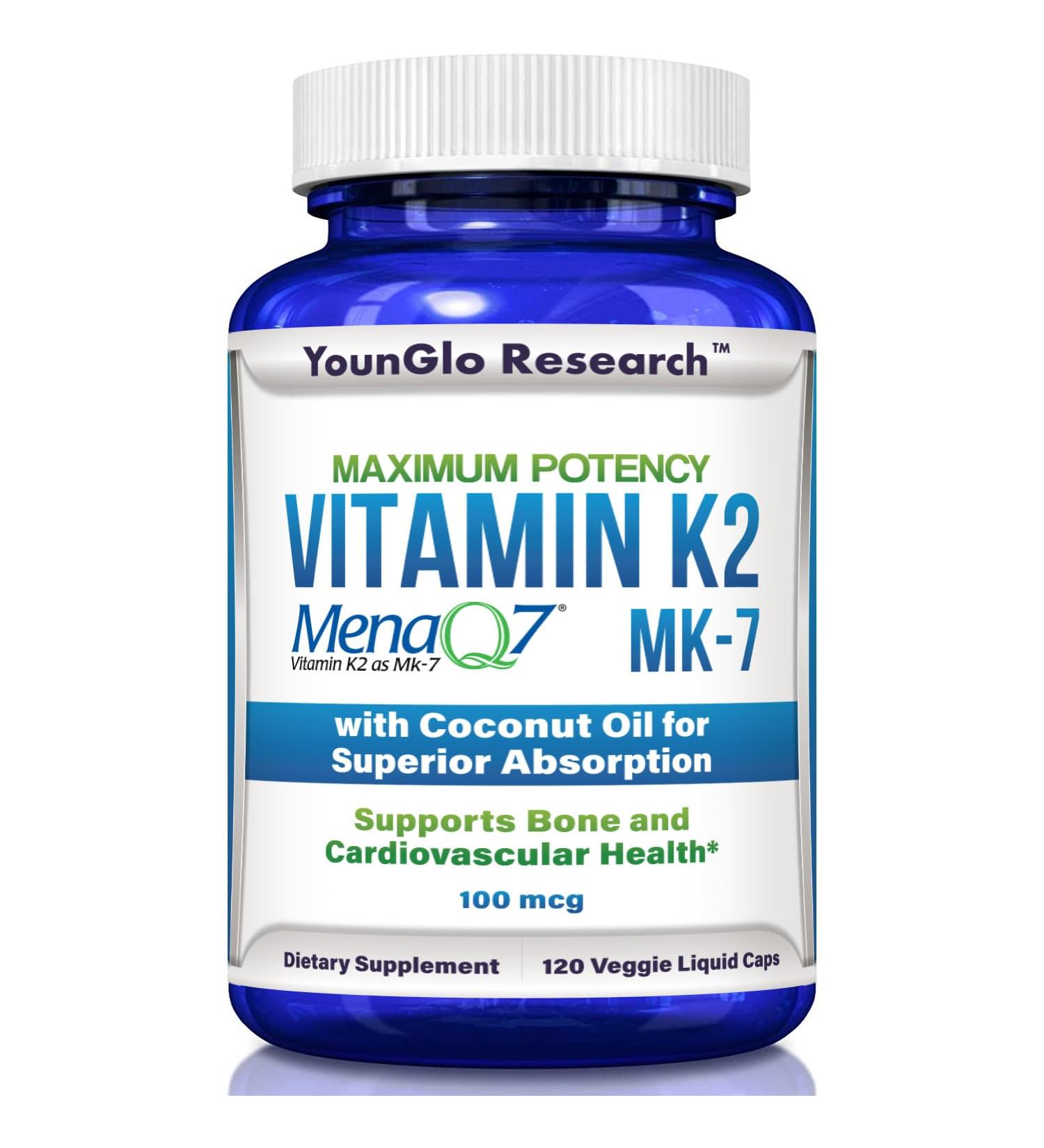 YounGlo Vitamin K2 MK7 100mcg with Coconut Oil | 120 Vegan Liquid Capsules for Bone Health | Supports Bone Strength & Density for Adults - Buy Online on GoSupps.com
