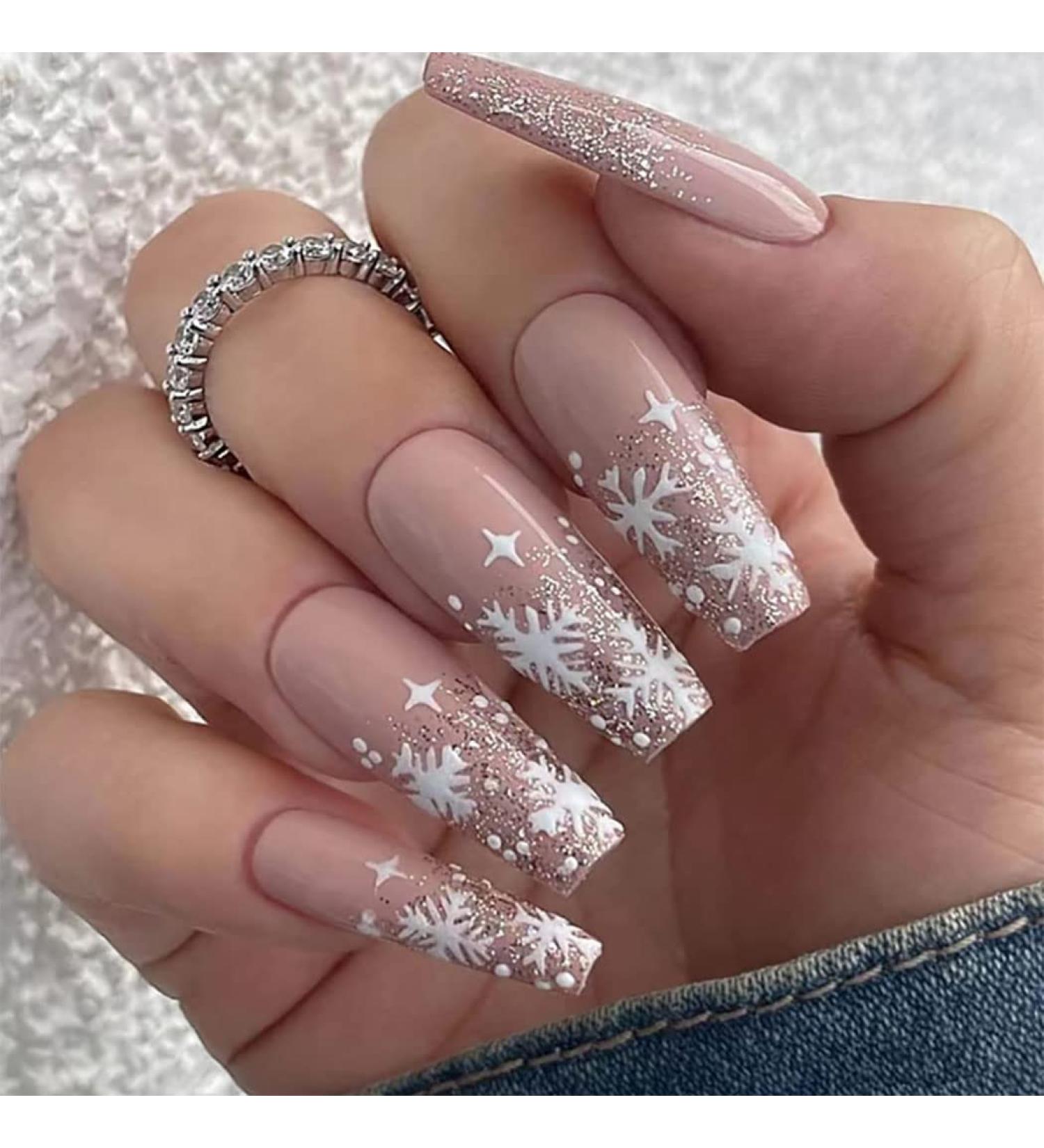 Vatocu Christmas False Nails - 24pcs Long Xmas Press on Nails with Snowflakes Glitter for Women and Girls - Buy Online on GoSupps.com