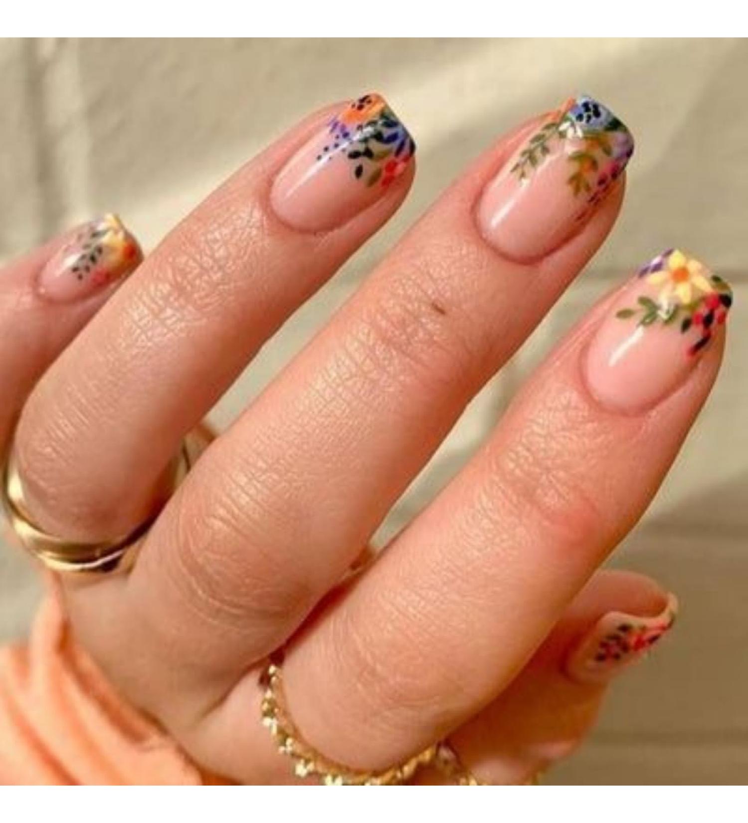 Justotry 24-Piece Colored Flower-Stick Press-On Nails | Glossy Artificial Short Nude Angular Nail Design | Leaf French Square Fingernails for Women - 26 Colors & Floral Variety - Buy Online on GoSupps.com