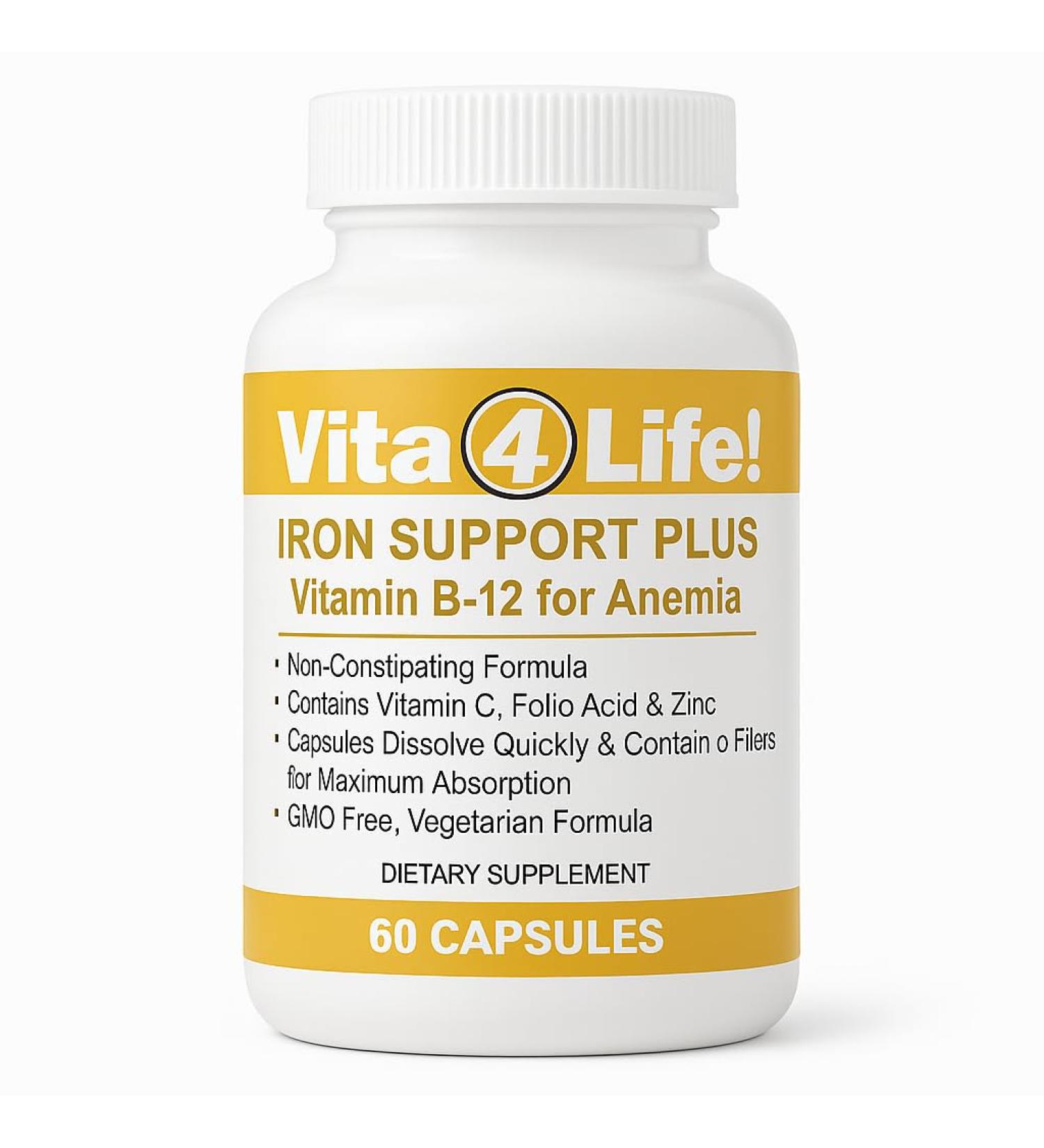 Vita4Life! Iron Support Plus - 40mg Iron with Vitamin C B-12 Folic Acid & Zinc - 60 Capsules - Non-Constipating Formula for Red Blood Cell Support & Energy - Vegetarian & GMO-Free - Buy Online on GoSupps.com