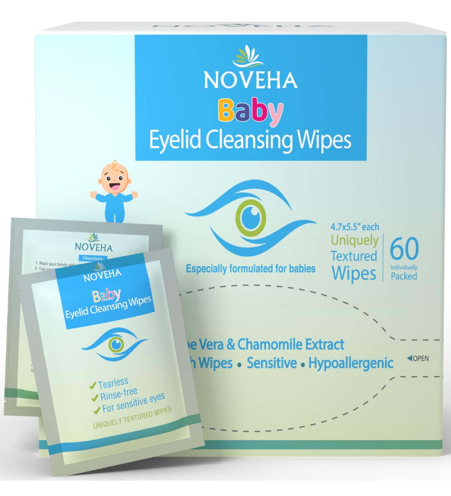 Noveha Baby Eyelid & Lash Wipes - Pack of 60 | Hypoallergenic, Safe & Natural | Dermatologist & Pediatrician Recommended - Buy Online on GoSupps.com