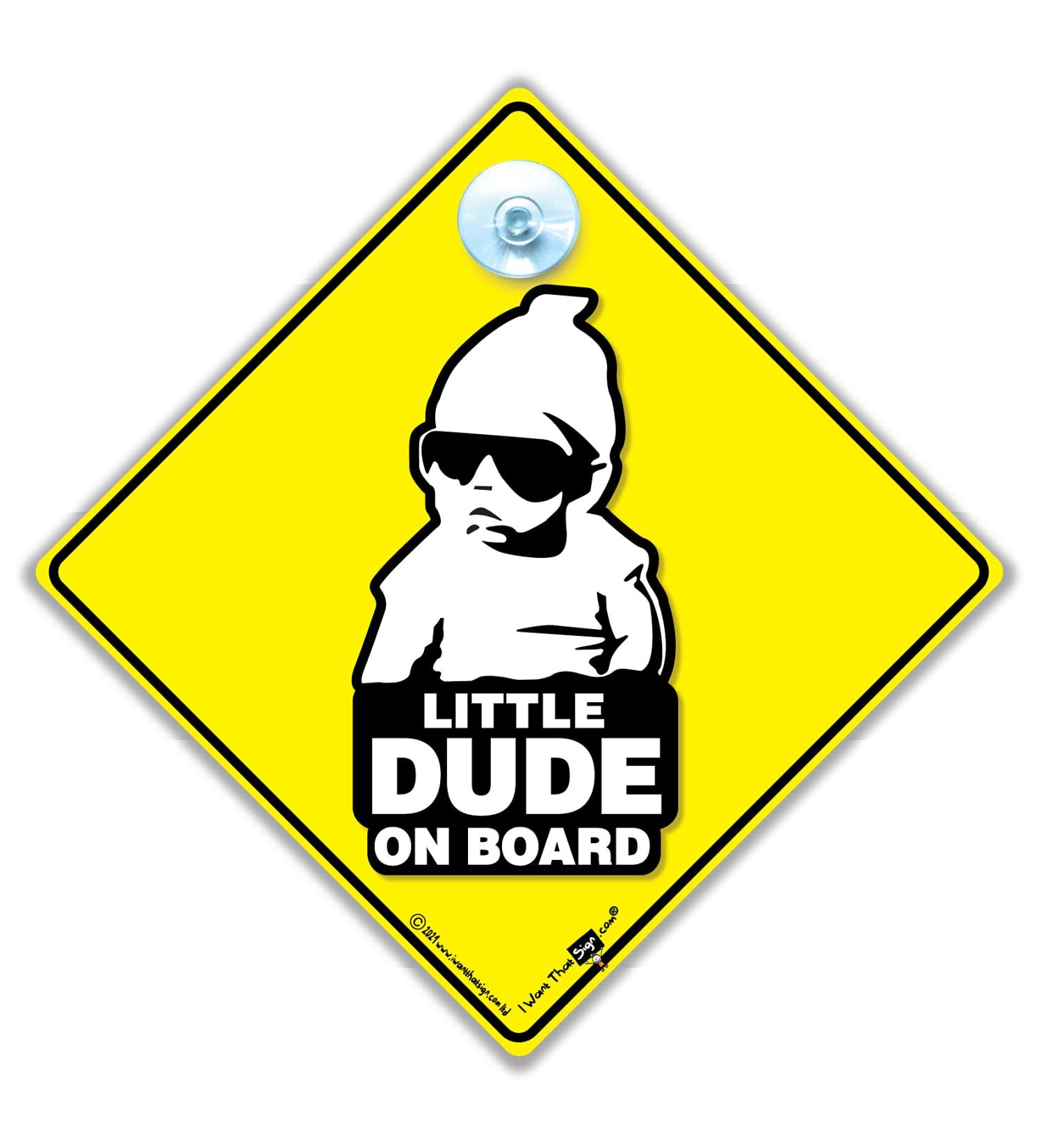 Little Dude on Board Car Sign Hoodie Baby On Board Sign Style Suction Cup Car Sign in Yellow and Black 14cm x 14cm