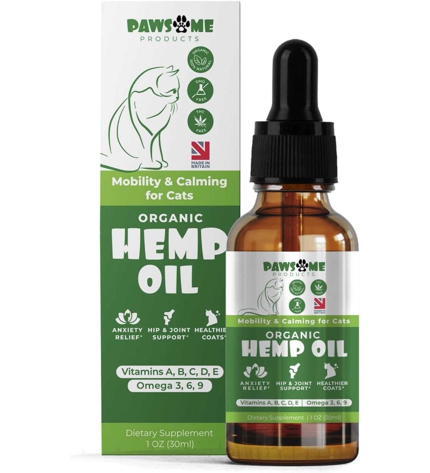 Pawsome Calming Hemp Oil for Cats | Stress & Anxiety Relief + Joint Support | Omega 3 6 9 | Cat Multivitamin with Vitamin C A B D E - 30ml - Buy Online on GoSupps.com