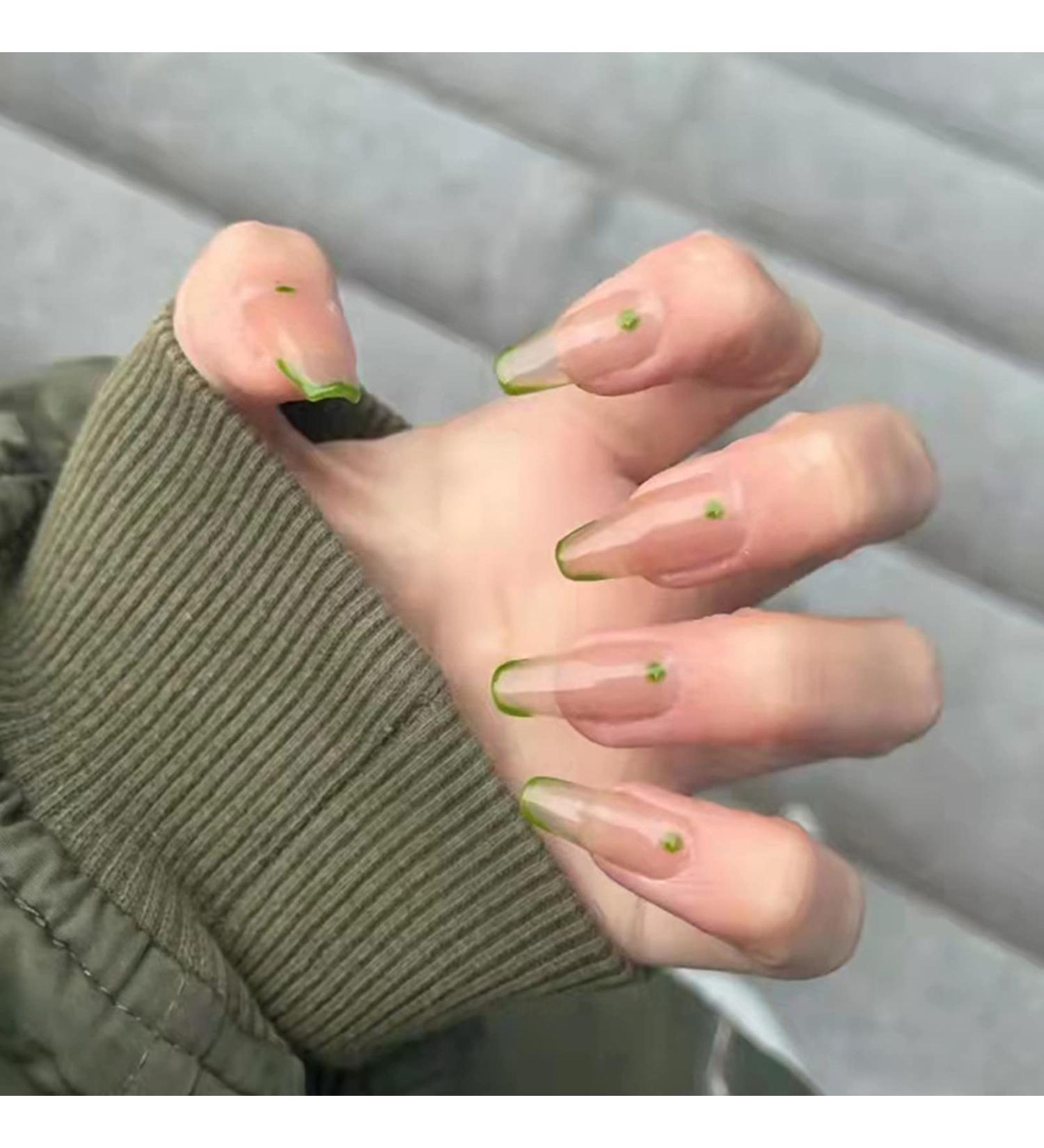 Justotry 24 Pcs Long Tender Green French Press on Nails for Women - Ballerina Stick on Nails with Glue for Nail Art Decoration - Buy Online on GoSupps.com