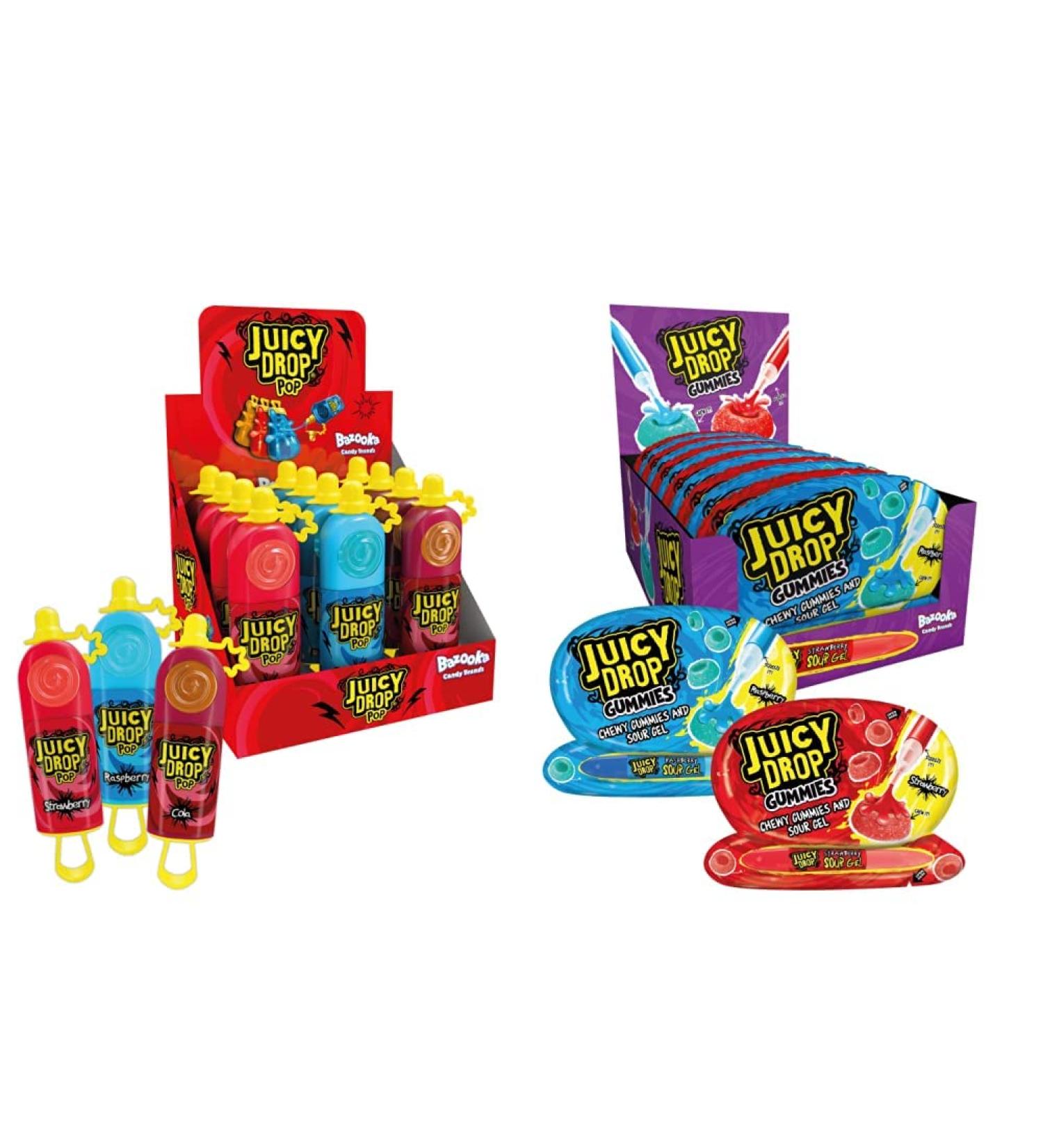 Juicy Drop Pop Lollipops - 12 Pack of 3 Flavours - 6 Blue Raspberry - 4 Strawberry - 2 Cola & Juicy Drop Gummies - 12 Packs of 2 Flavours - Strawberry - Raspberry | Sour Sweets | Sweets in Bulk + Gummies - 12 Packs of 2 Flavours - Buy Online on GoSupps.com