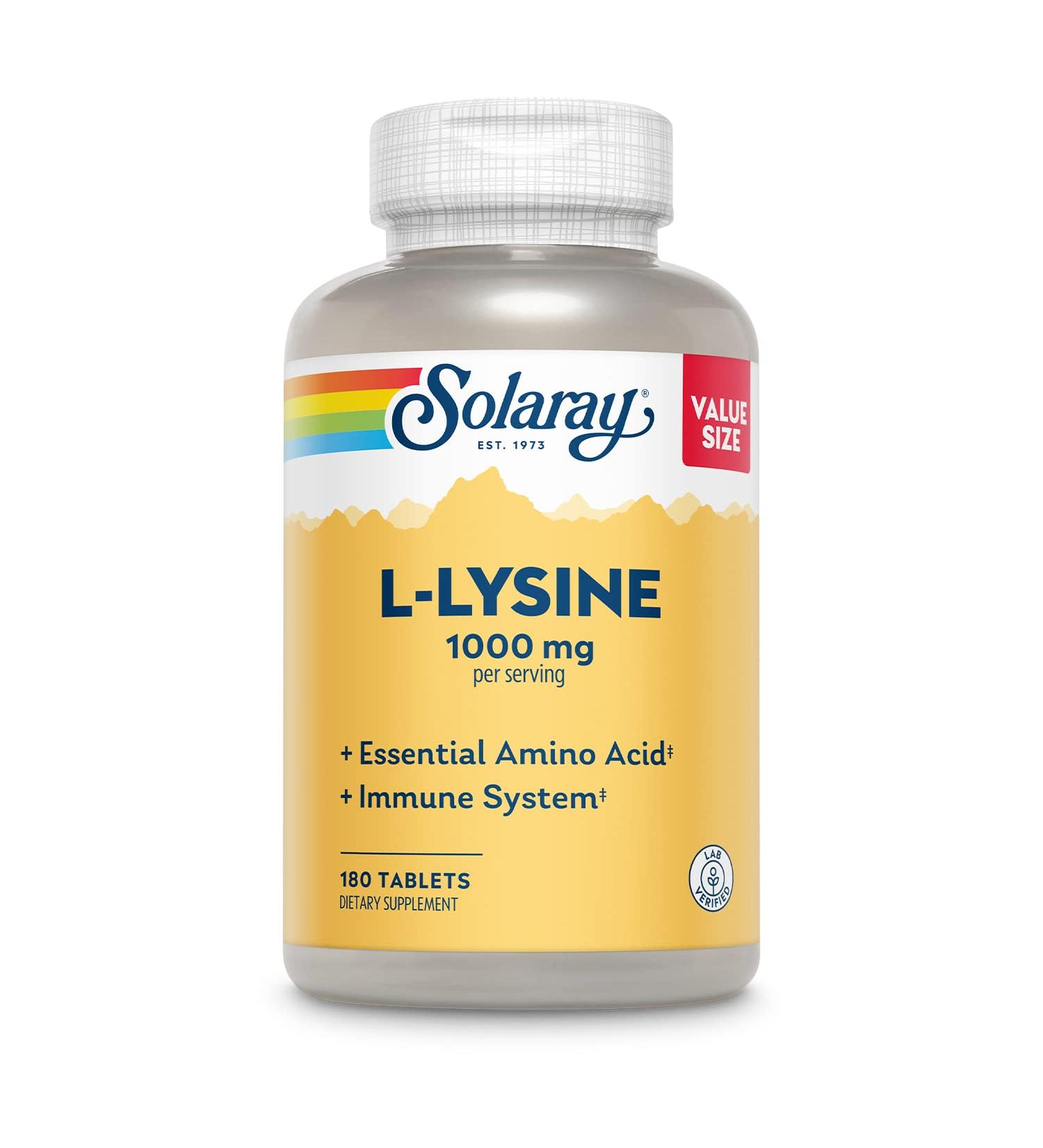 SOLARAY L-Lysine 1000 mg - Essential Amino Acid Supplement with Vitamin C & Zinc 60 Servings Lab Verified Immune Support 180 Tablets - Buy Online on GoSupps.com