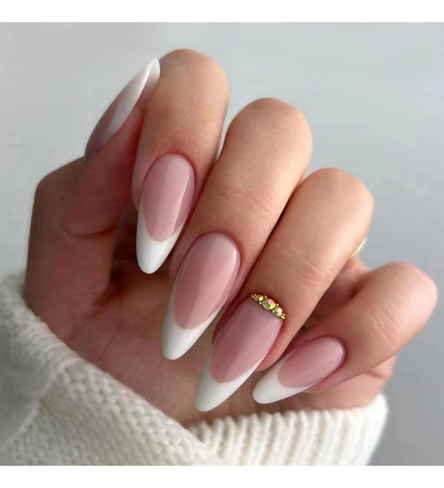 Justotry 24 Pcs Beige French Press on Stiletto False Nails with Jewels - Medium Length | Nail Glue and Almond Stick On Included | Fake Nails for Women - Buy Online on GoSupps.com