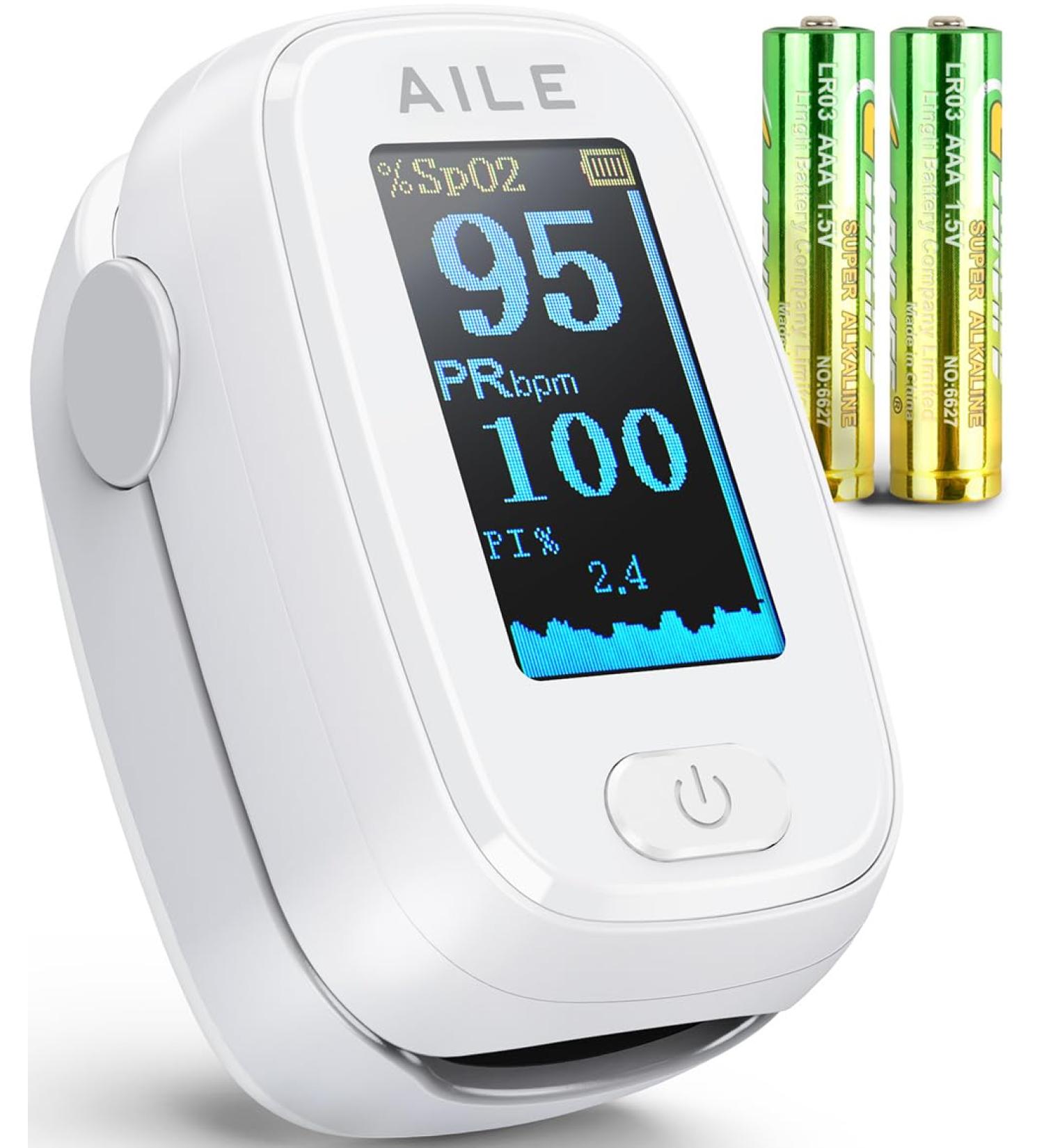 Pulse Oximeter - AILE Compact Fingertip Oxygen Meter | Blood Oxygen & Heart Rate Monitor with Color Screen | Includes Batteries for Home & Athletic Use - International Shipping Available - Buy Online on GoSupps.com