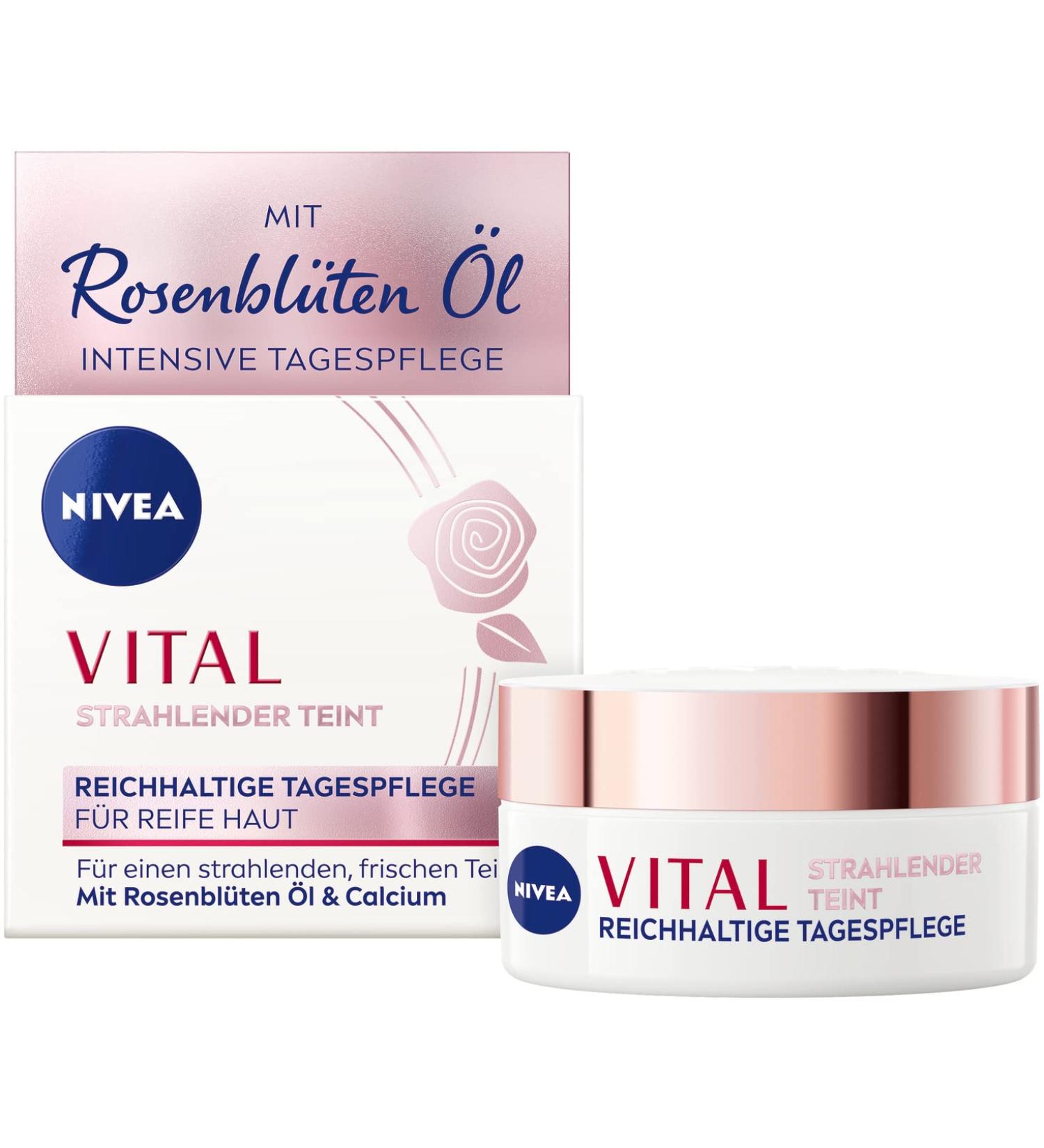  NIVEA NIVEA VITAL Radiant Complexion Rich Day Care for Mature Skin (50ml) Moisturizing Cream with Rose Petals Oil and Calcium Face Care for Enhanced Skin - Buy Online on GoSupps.com