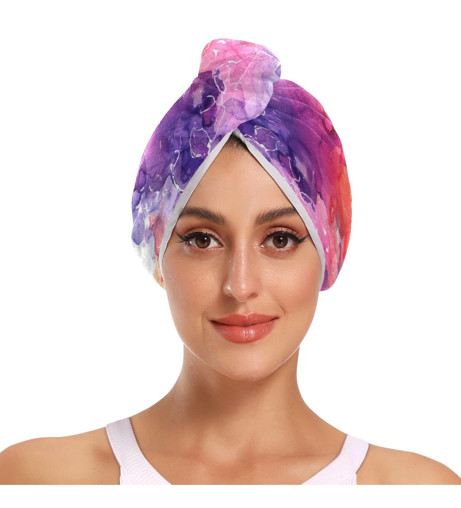 Super Absorbent Purple Red Orange Marble Hair Towel 2 Pack - Quick Dry Hair Turbans with Button Wrap for Women & Girls - Buy Online on GoSupps.com