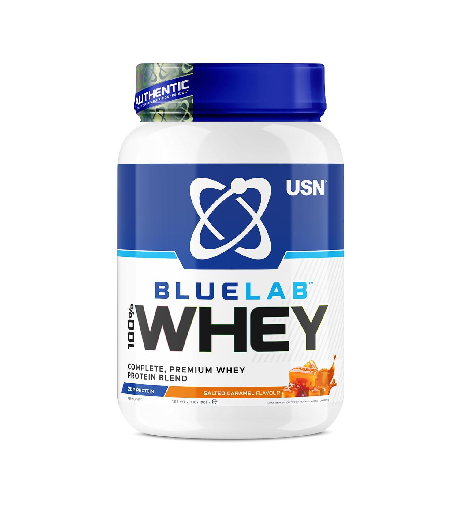 USN Blue Lab Salted Caramel Whey Protein Powder 2kg - Post-Workout Muscle Building Supplement with BCAAs - Raspberry Ripple Flavor - Buy Online on GoSupps.com