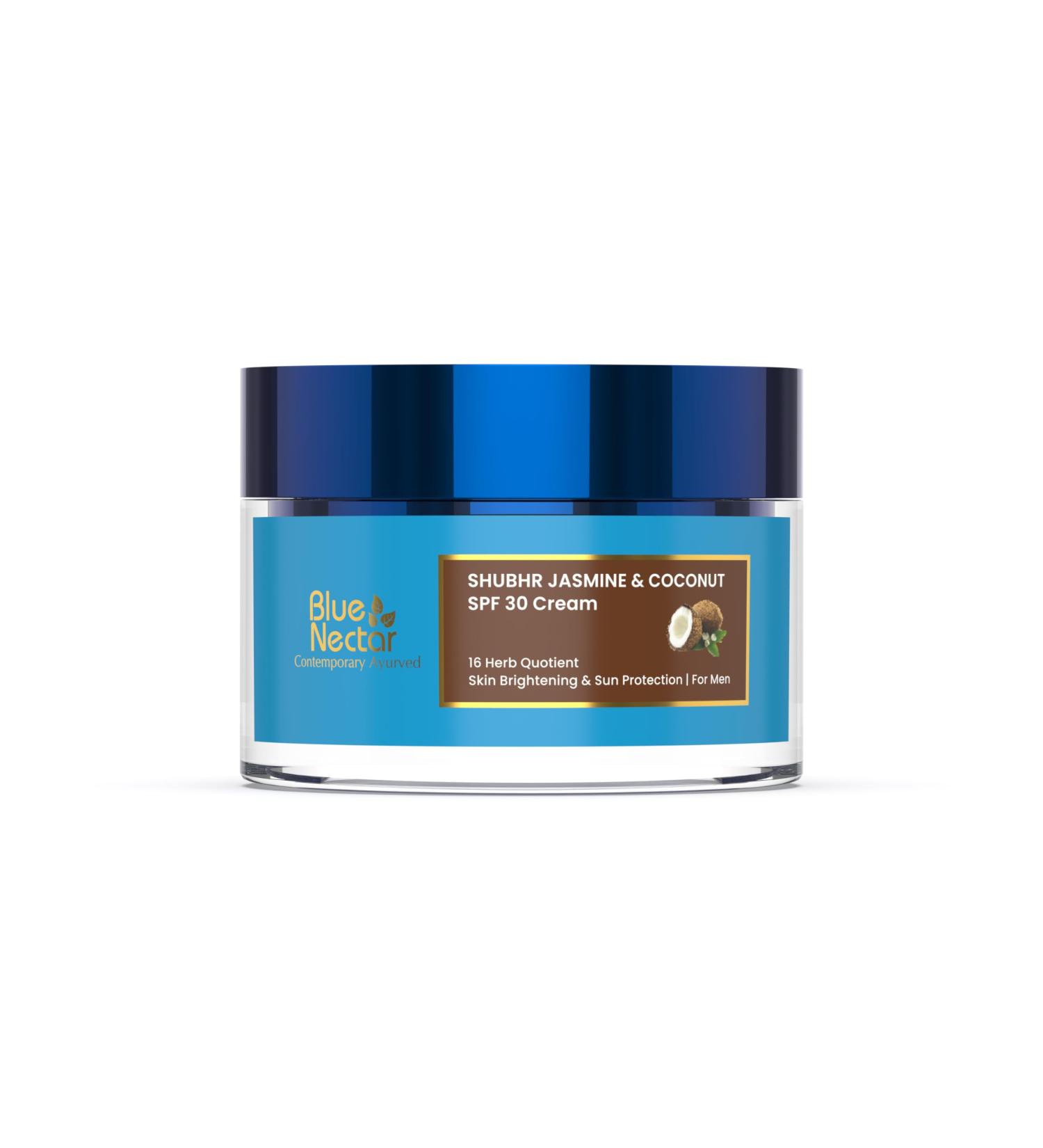 Blue Nectar Coconut SPF 30 Sunscreen Face Cream for Plant Based Sun Protection | Oil Free Vitamin E Face Moisturizer for Oily & Sensitive Skin (16 Herbs 50g) - Buy Online on GoSupps.com