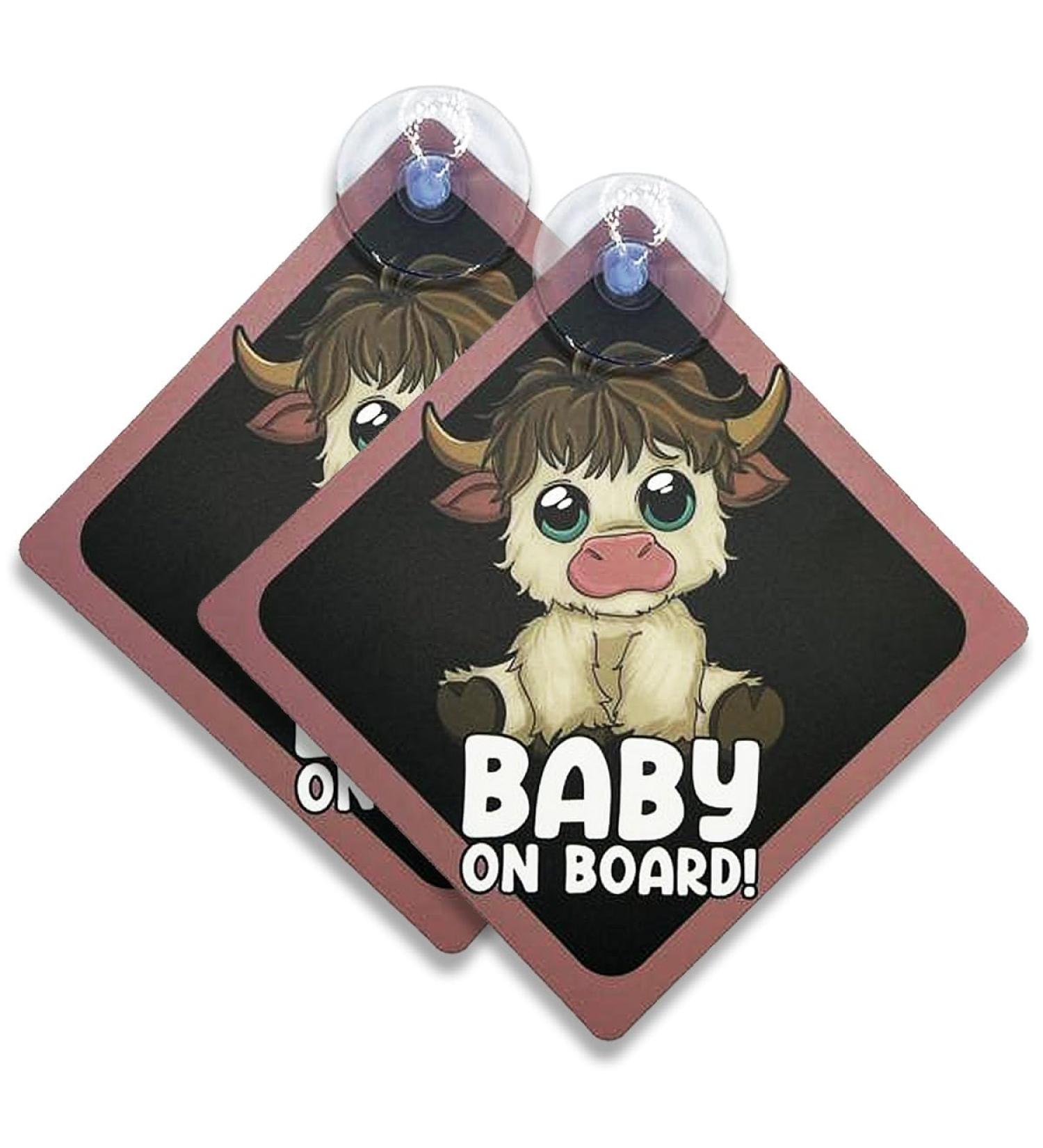 2pcs Baby on Board Car Warning Sticker Set with Suction Cups - Highland Cow Design - Buy Online on GoSupps.com