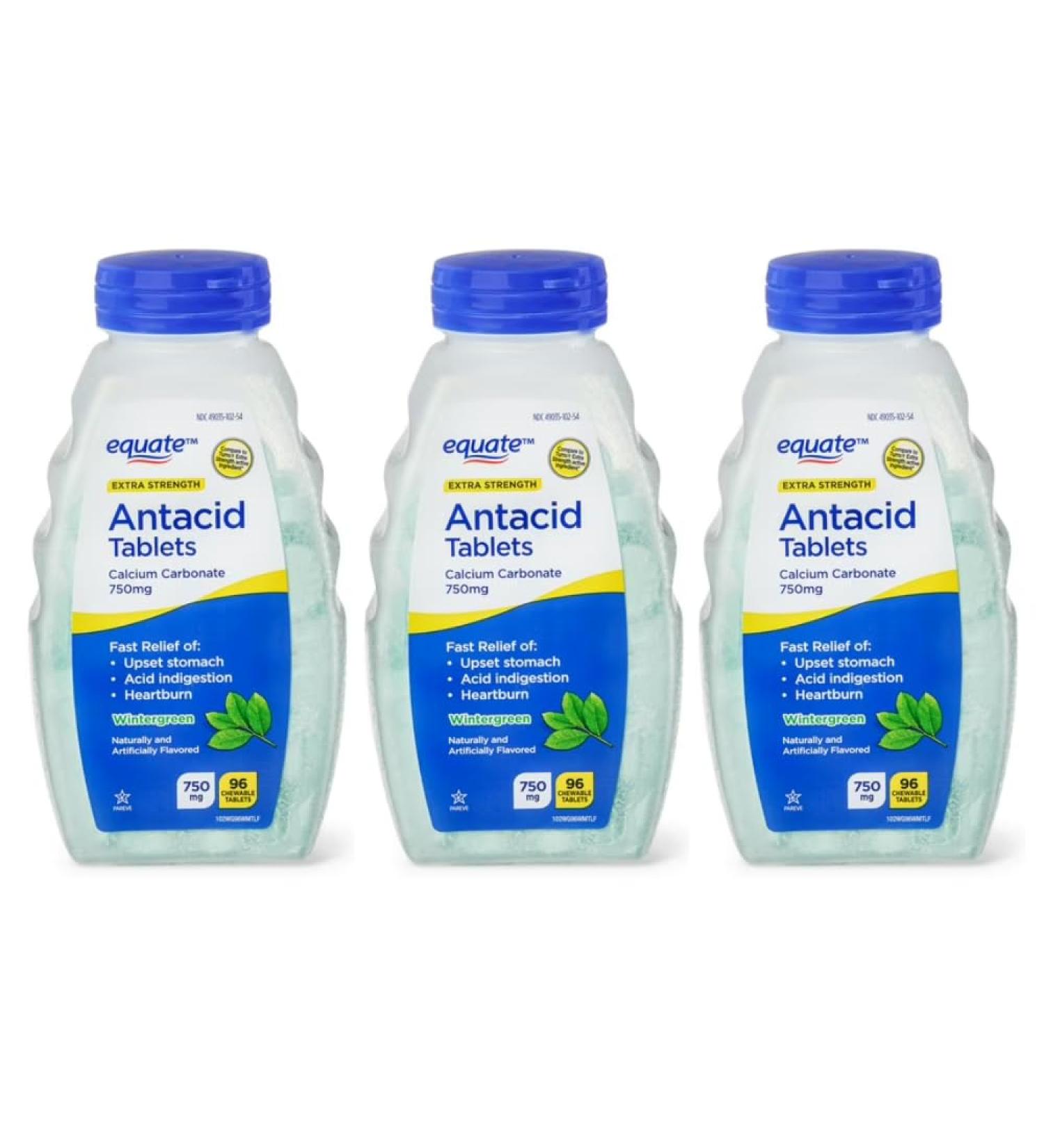 Equate Antacid Extra Strength Chewable Wintergreen Tablets 750 mg 96 Ct Pack of 03 Total 288ct - Buy Online on GoSupps.com