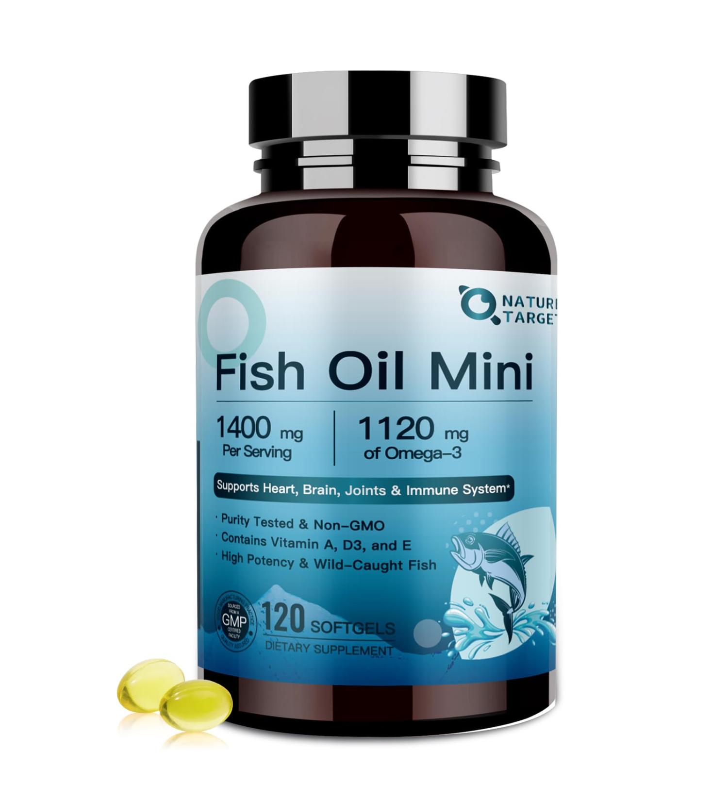 NATURE TARGET Fish Oil Mini 1400mg, High-Potency Omega 3 Supplement with Vitamins A & D3 & E, Supports Heart, Brain, Joints & lmmune System, Non-GMO, 120 Softgels, Wild-Caught 120 Count (Pack of 1) - Buy Online on GoSupps.com