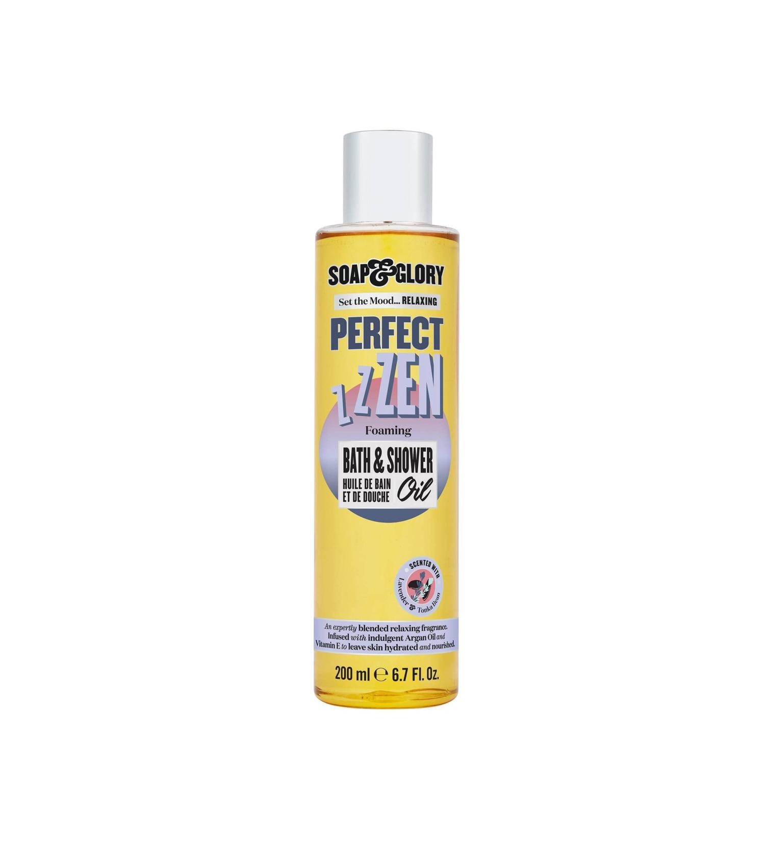Soap & Glory Perfect Zen Nourishing Bath & Shower Oil - Lavender & Tonka Bean Scent - Vitamin E & Argan Oil - Foaming Bath Oil (200ml) - Buy Online on GoSupps.com
