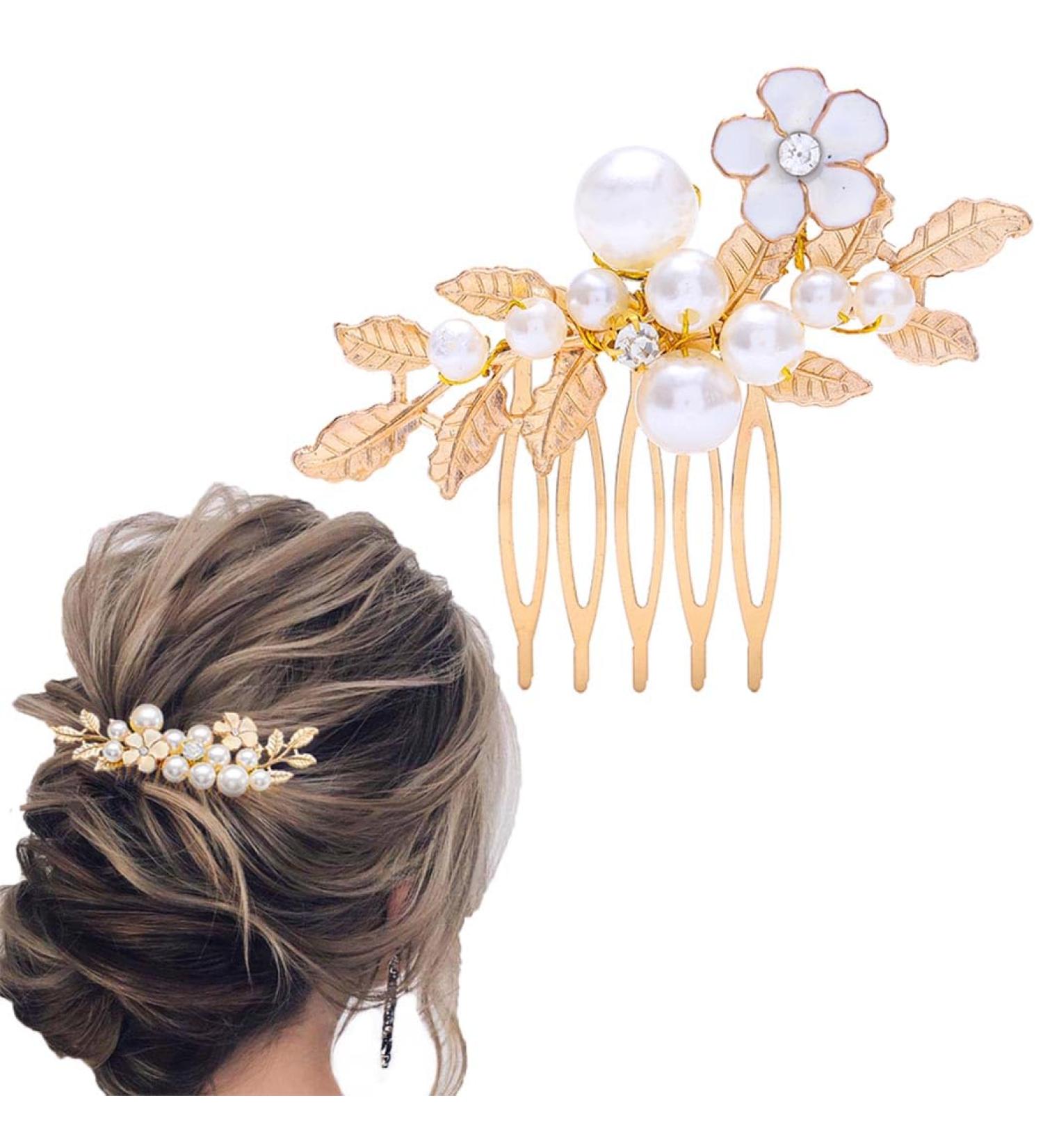 Fairvir Gold Flower Bridal Hair Combs - Elegant Pearl Leaf Accessories for Weddings | Bridal Jewelry for Women & Girls - Buy Online on GoSupps.com