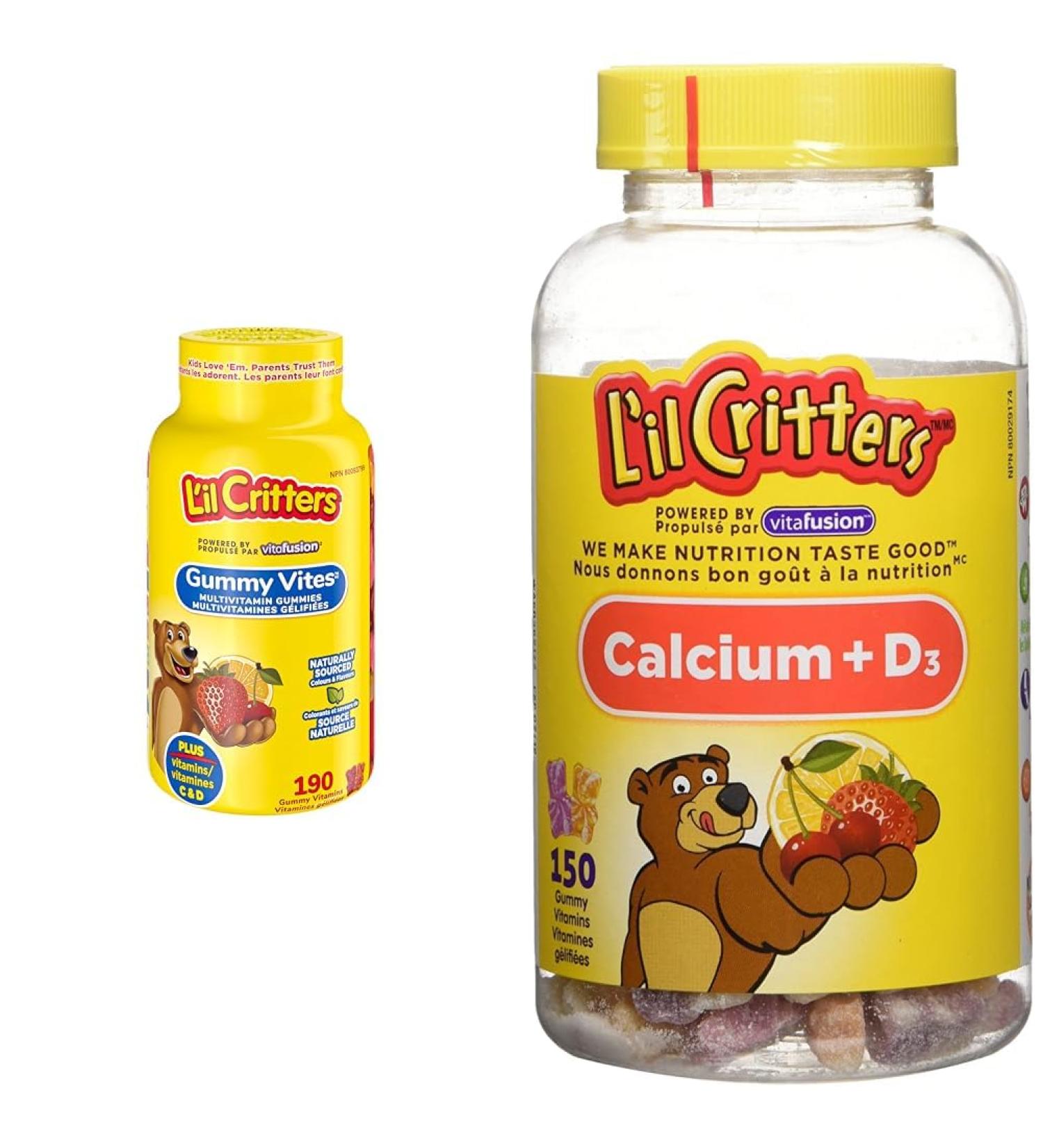 L'il Critters GummyVites Kids Complete Multivitamin Gummies 11 Essential Nutrients 5 Delicious Flavours 190 Count & Calcium + D Kids Vitamin Gummies 3 Delicious Flavors 150 Count - Buy Online on GoSupps.com