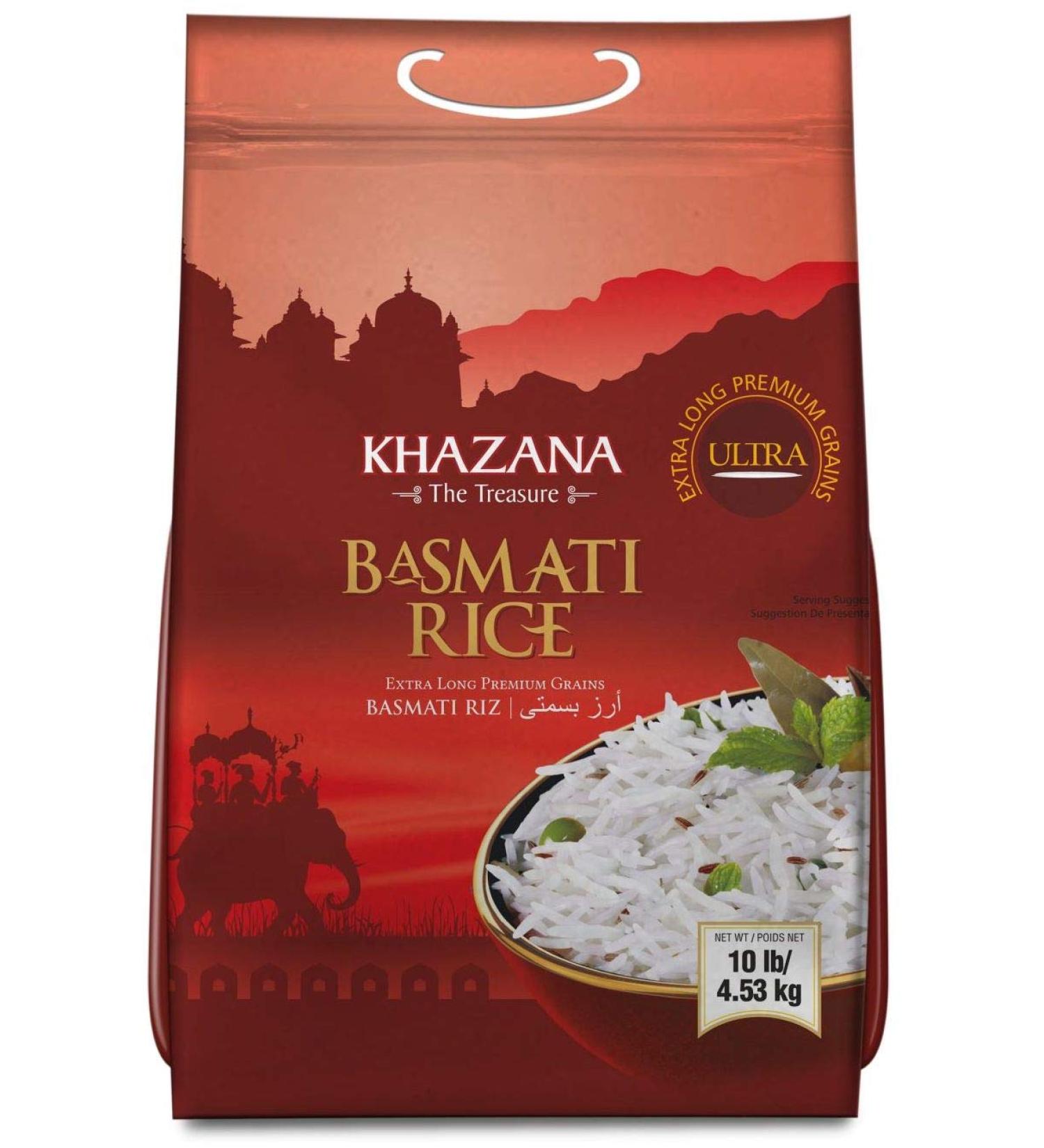 Khazana Premium Ultra Extra Long Basmati Rice - 10lb Resealable Zipper Bag | Aged & Aromatic Authentic Grain From India | GMO-Free, Gluten-Free, Cholesterol-Free & Kosher - 10lb Pack - Buy Online on GoSupps.com