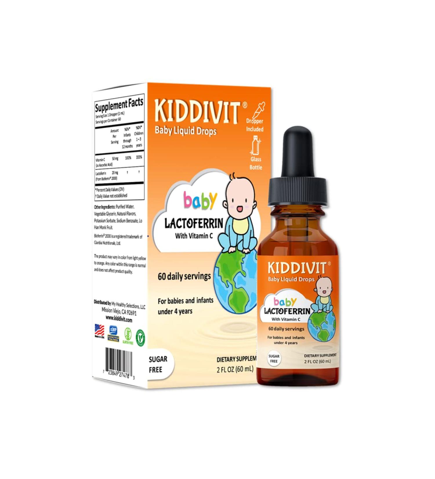 Kiddivit Baby Lactoferrin Liquid Drops - 2 Fl Oz - Sugar Free, Gluten Free, Vegetarian - With Inulin Prebiotic Fiber - 60 Daily Servings - Buy Online on GoSupps.com