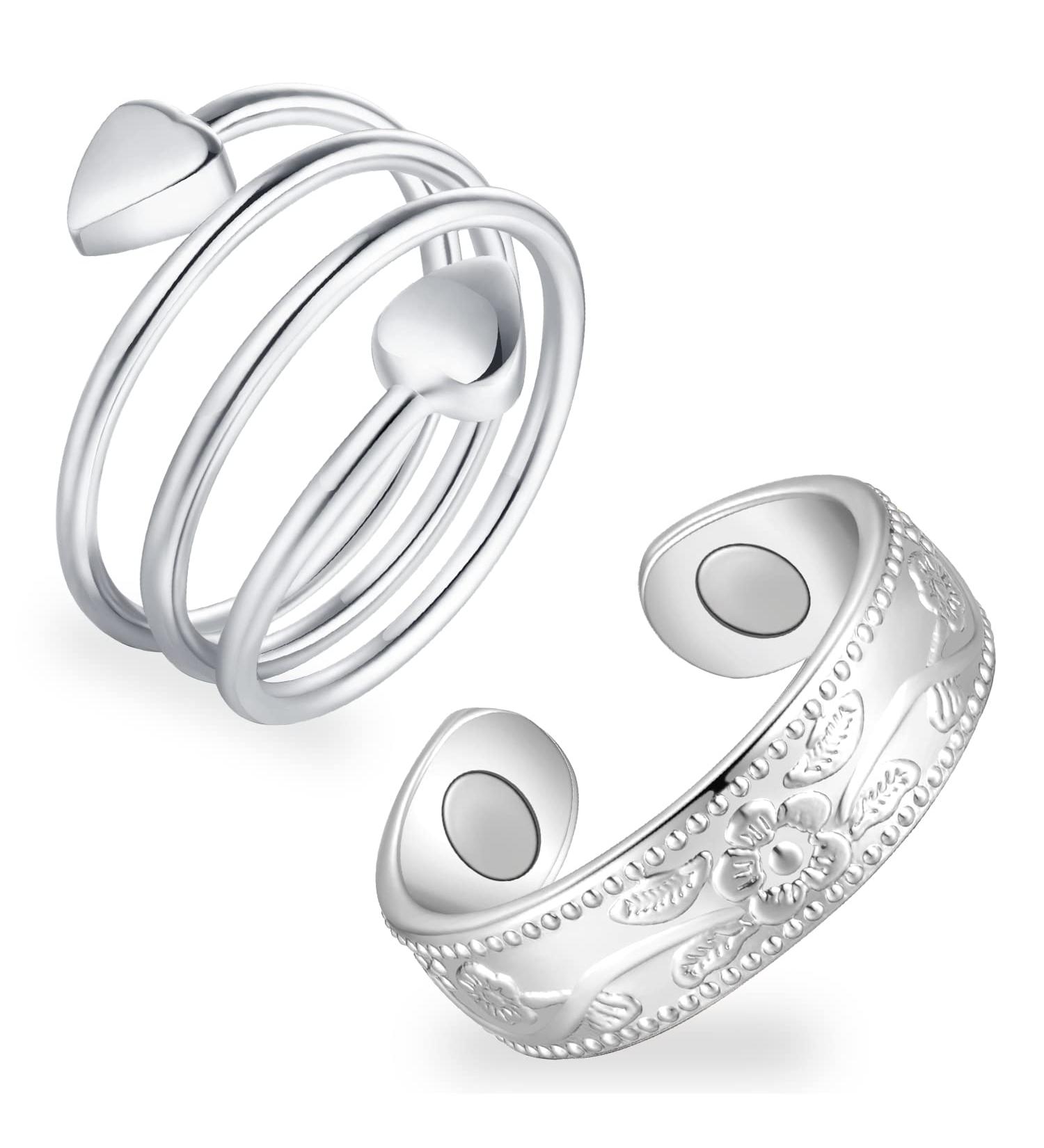 Feraco 2PCS Lymphatic Drainage Magnetic Rings for Arthritis Relief - Pure Copper Magnet Therapy Fingers Ring - Heart & Vintage Flower Design - Silver - Buy Online on GoSupps.com