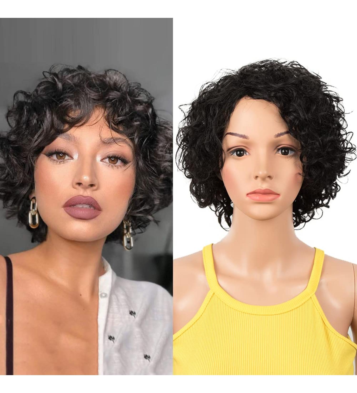 D but Short Bob Wig with Air Bangs - Curly Wavy Real Hair Wig for Women 25cm Natural Black 120g/130% Density - Buy Online on GoSupps.com