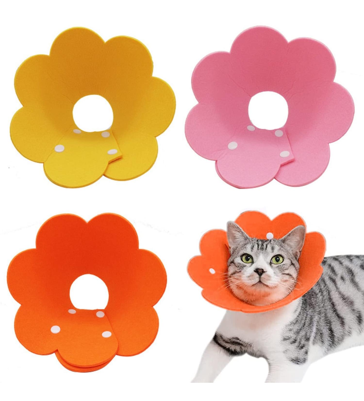 3Pcs Cat Recovery Collar Set - Sunflower Neck Cone for Anti-Licking & Biting - Pink Orange Yellow - Buy Online on GoSupps.com