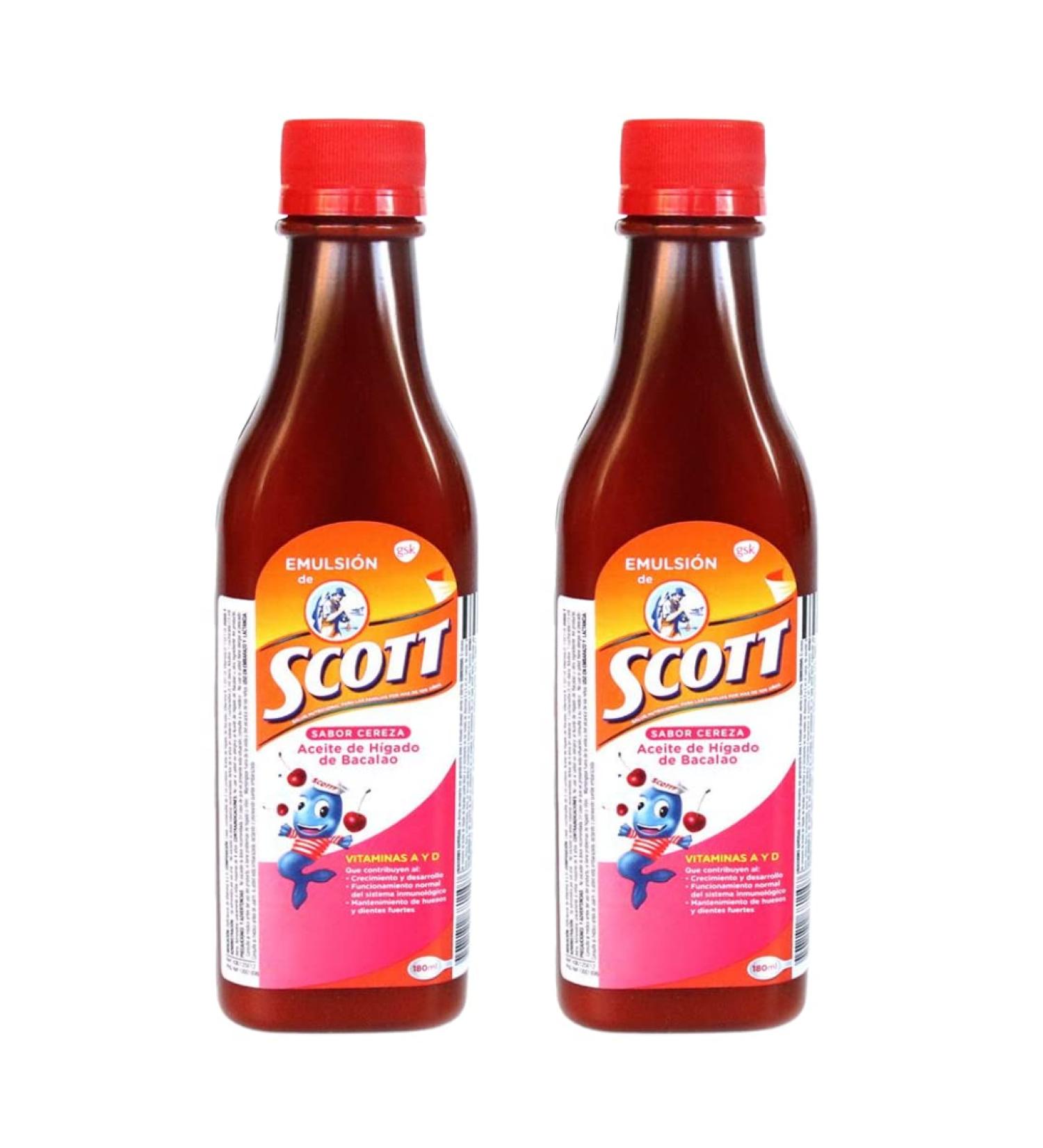 Scott's Emulsion 180ml Cod Liver Oil, Vitamin A & D, Calcium Dietary Supplement for Kids, 2 Pack - Cherry & Tropical Fruit Flavors - Buy Online on GoSupps.com