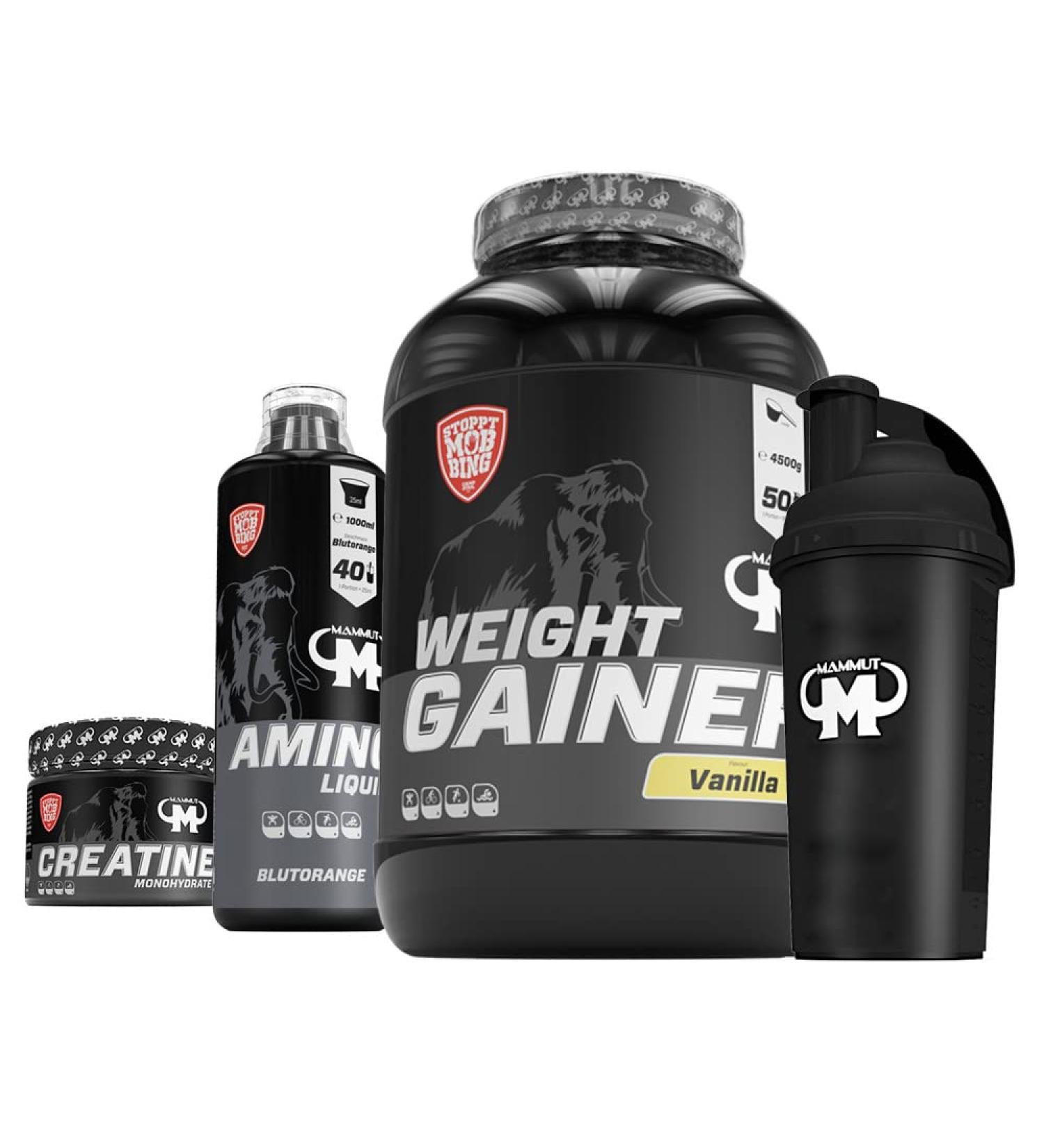 Buy Mammut Mass Structure Set - 4500g Weight Gainer (Vanilla) 1000ml Amino Liquid (Blood Orange) 300g Creatine Monohydrate & Protein Shaker | International Shipping Available - Buy Online on GoSupps.com