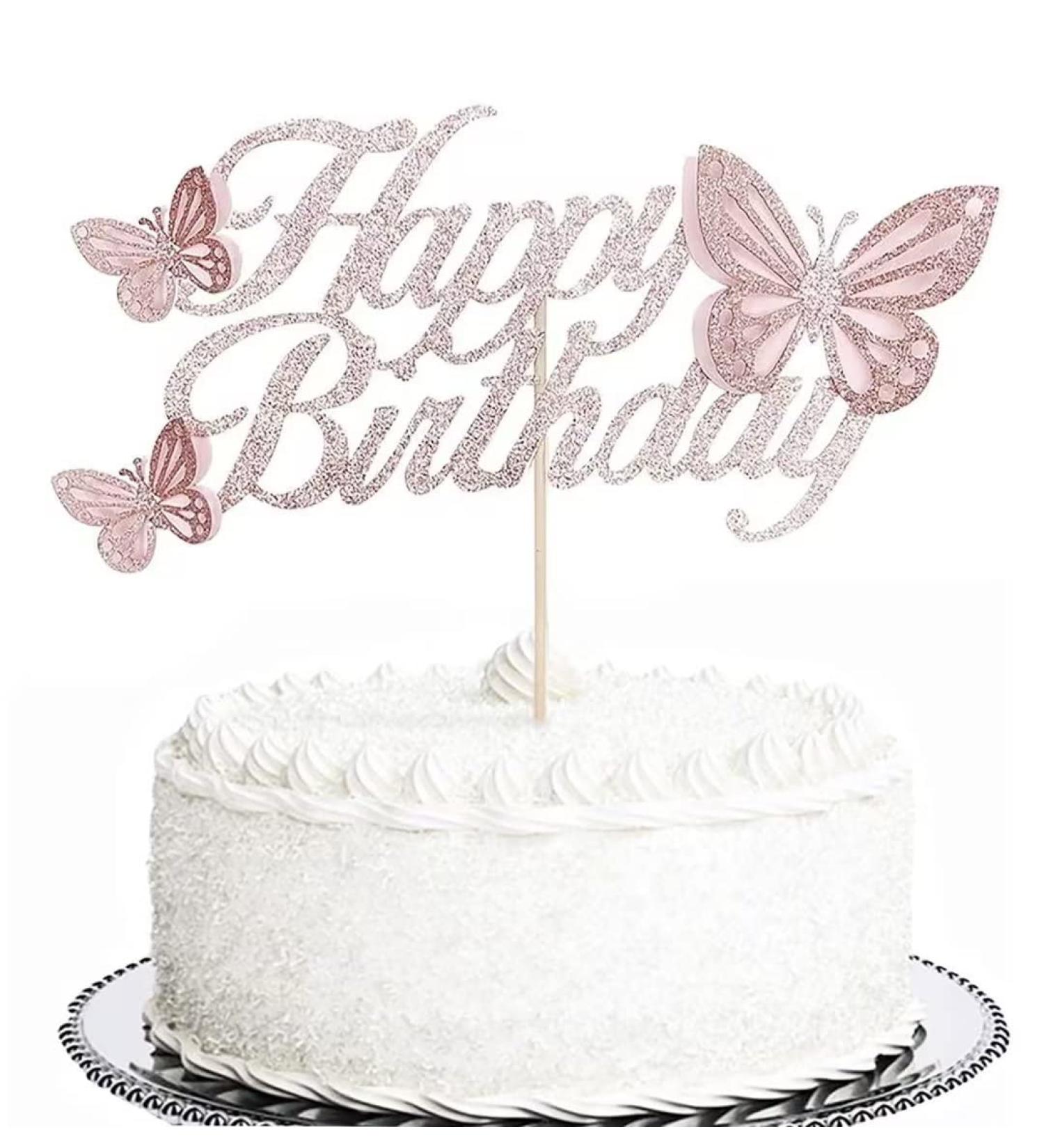 Glitter Double Sided Butterfly Happy Birthday Cake Topper Assembled Rose Gold Cake Toppers with 3d Butterflies Decorations for Girls Woman's Birthday Party Decor Supplies - Buy Online on GoSupps.com