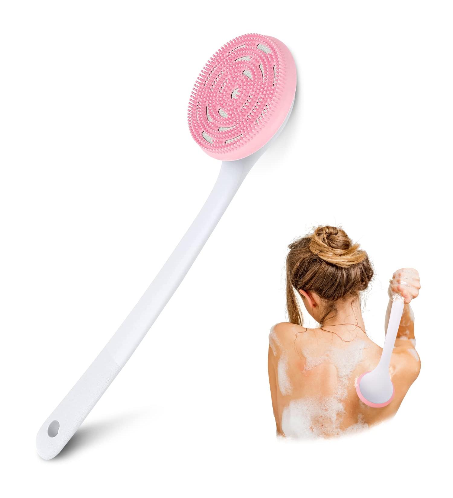 PINGKO Silicone Back Scrubber with Extra Long Non-Slip Handle for Acne Exfoliating and Skin Cleansing - Light Pink - Buy Online on GoSupps.com
