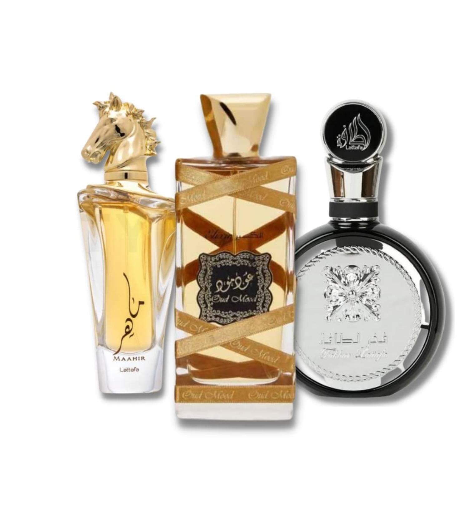 Lattafa for Unisex 3 Piece Eau de Parfum Gift Set (Maahir + Fakhar for Men + Oud Mood Elixir) 3.4 Ounce/100 ml each Animal-resinous - Buy Online on GoSupps.com