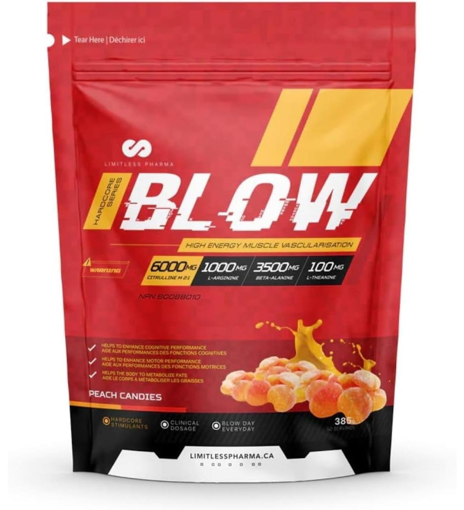 Limitless Pharma Blow Pre Workout Powder | Increased Energy Nitric Oxide Booster Enhanced Endurance Focus | L-Citrulline Beta-Alanine L-Arginine Caffeine | 50 Servings (Peach Candies) - Buy Online on GoSupps.com