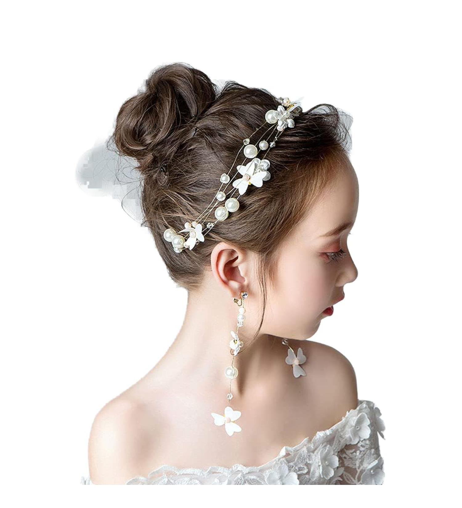 IYOU Princess White Flower Headpiece Pearl Hair Dress Holy Communion Bridal Wedding Hair Accessories for Flower Girls
