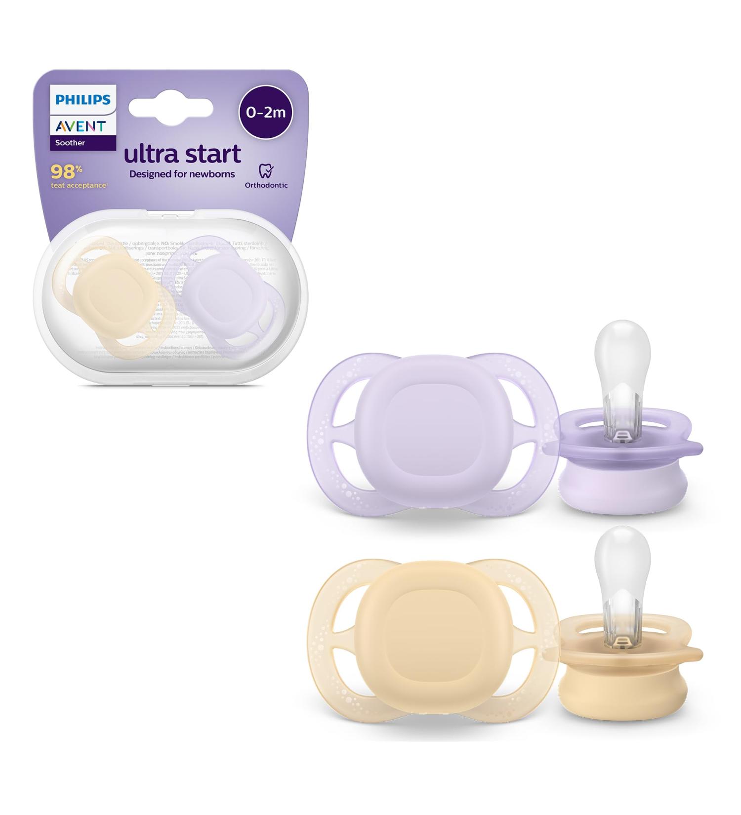 Philips AVENT Ultra Start Pacifiers Orthodontic Dummies for Newborns 0-2 Months BPA-Free with Sterilisation and Carry Case Pack of 2 SCF075/01 - Buy Online on GoSupps.com