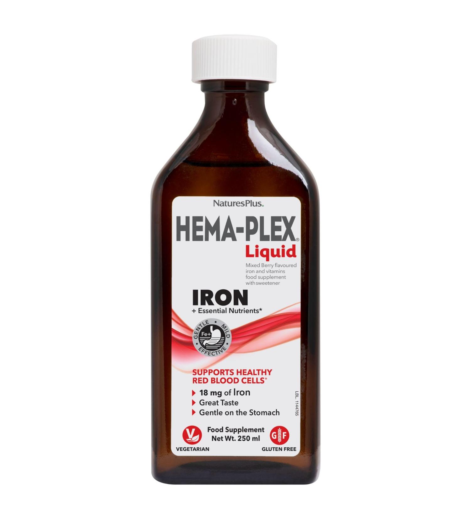 NaturesPlus Hema-Plex Liquid Iron Mixed Berry - 8.5 oz - Iron & Essential Nutrients - Vegan Gluten Free - 25 Servings - Buy Online on GoSupps.com