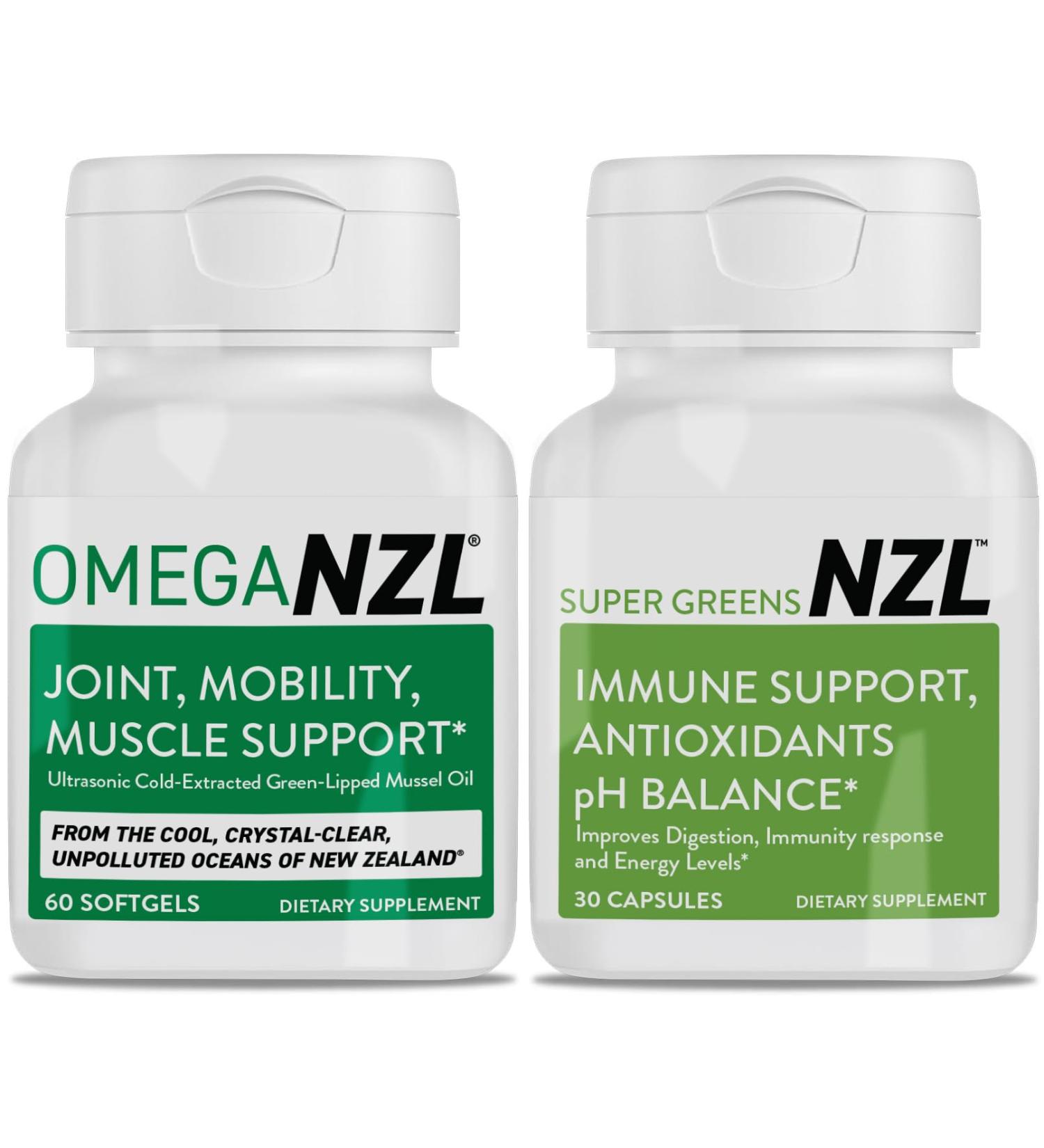 OMEGANZL Omega-3 Natural Joint Relief Supplement Natural Muscle Support Green-Lipped Mussel Oil Joint Support No Fishy Aftertaste 60 Softgels Plus one Bottle of Super Greens 30 Capsules