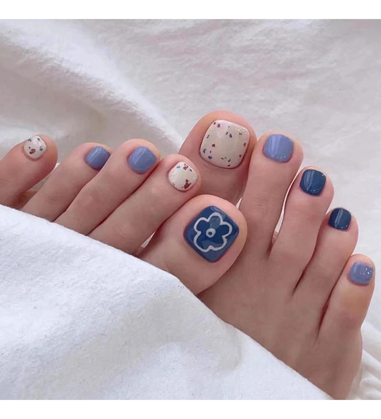 24Pcs French Square False Toenails Glossy Press on Toenails Cute Flower Stick on Toenails Short Acrylic Full Cover Artificial Summer Fake Toenails for Women and Girls Daily Decorations Blue Toenails - Buy Online on GoSupps.com