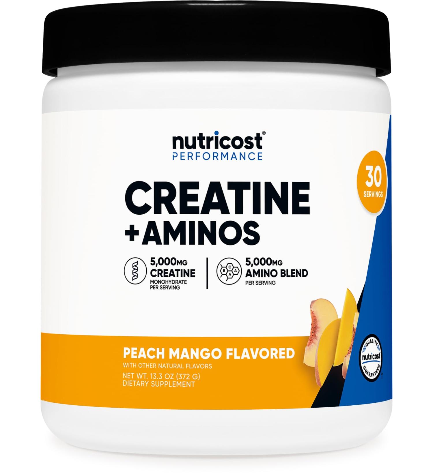 Nutricost Creatine + Aminos 30 Servings (Peach Mango Flavored) - 5 000mg Creatine Monohydrate + 5000mg Amino BCAA Blend Per Serving - Buy Online on GoSupps.com
