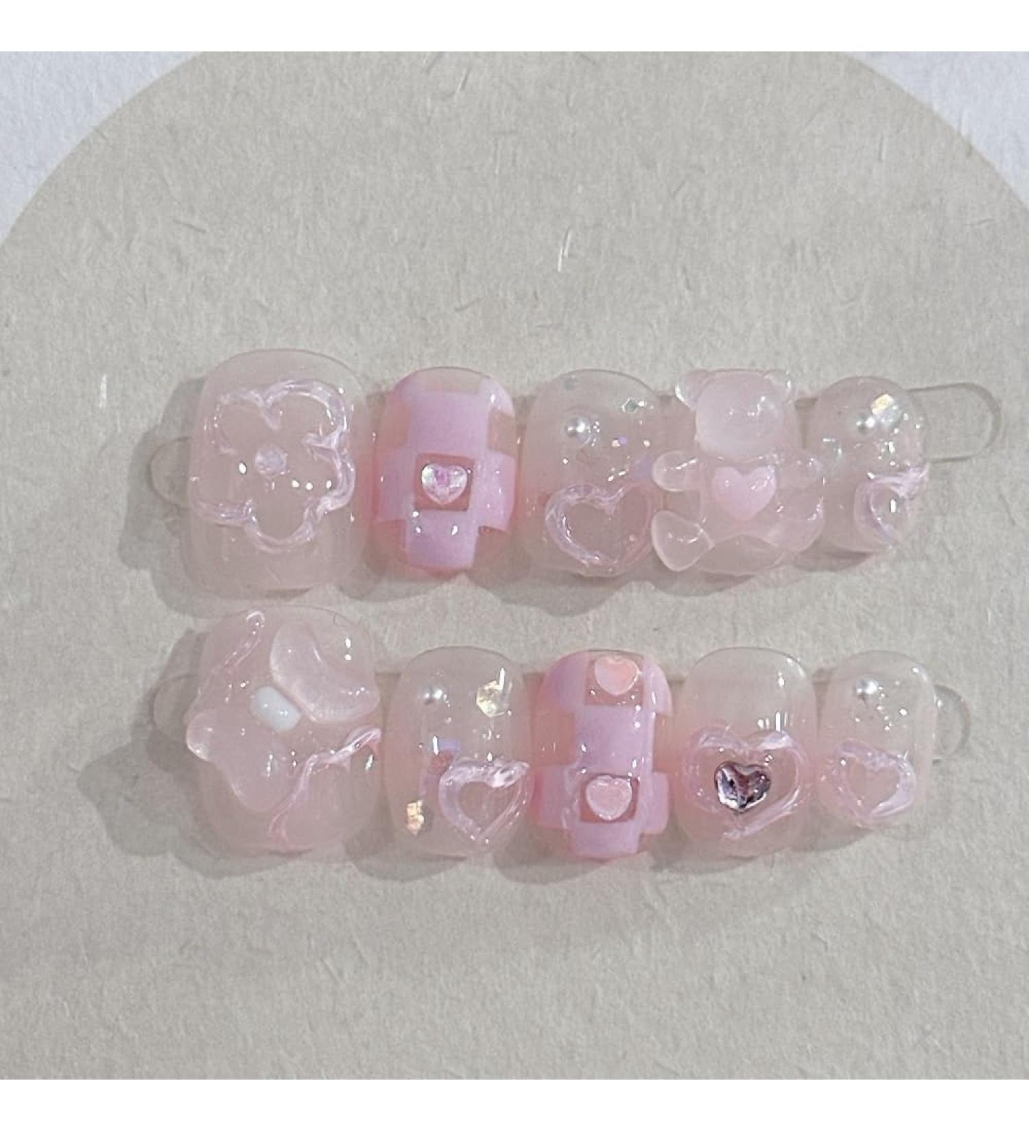 Handmade Wearing Nail Pink Cute Short Detachable False Nail and Nail Patch(Size:L)