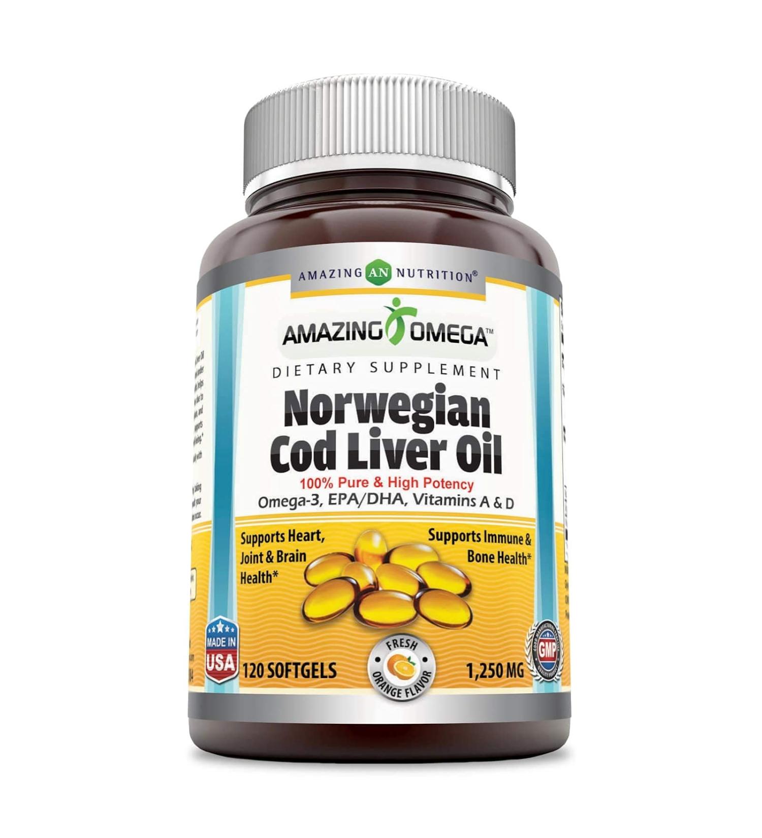 Buy Amazing Omega Norwegian Cod Liver Oil 1250mg - 120 Softgels, Fresh Orange Flavor - Buy Online on GoSupps.com