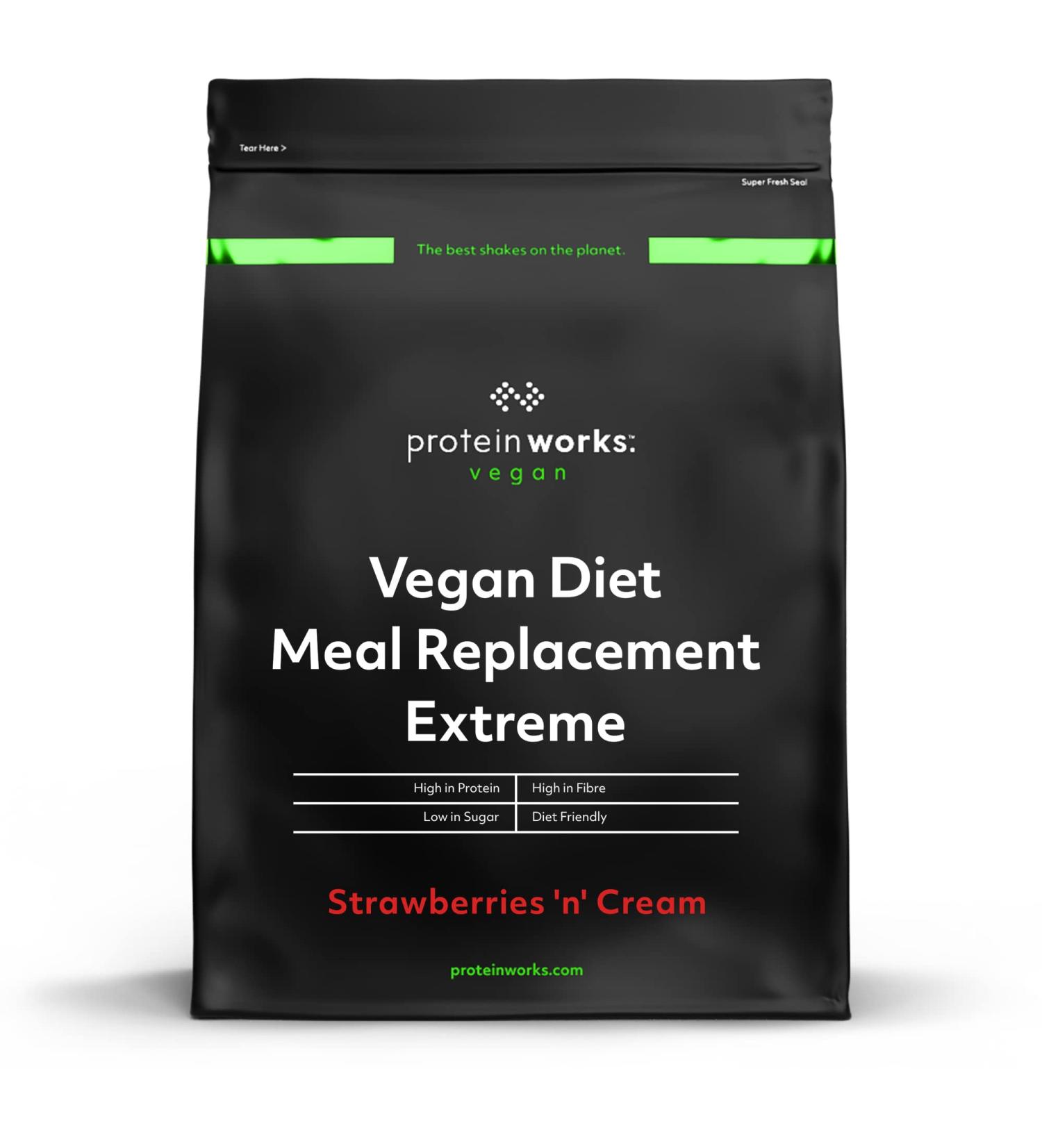 The Protein Works Vegan Diet Meal Replacement Extreme - Strawberries 'n' Cream 500g | Plant Based Shake with Added Vitamins for Weight Loss | 8 Servings - Buy Online on GoSupps.com