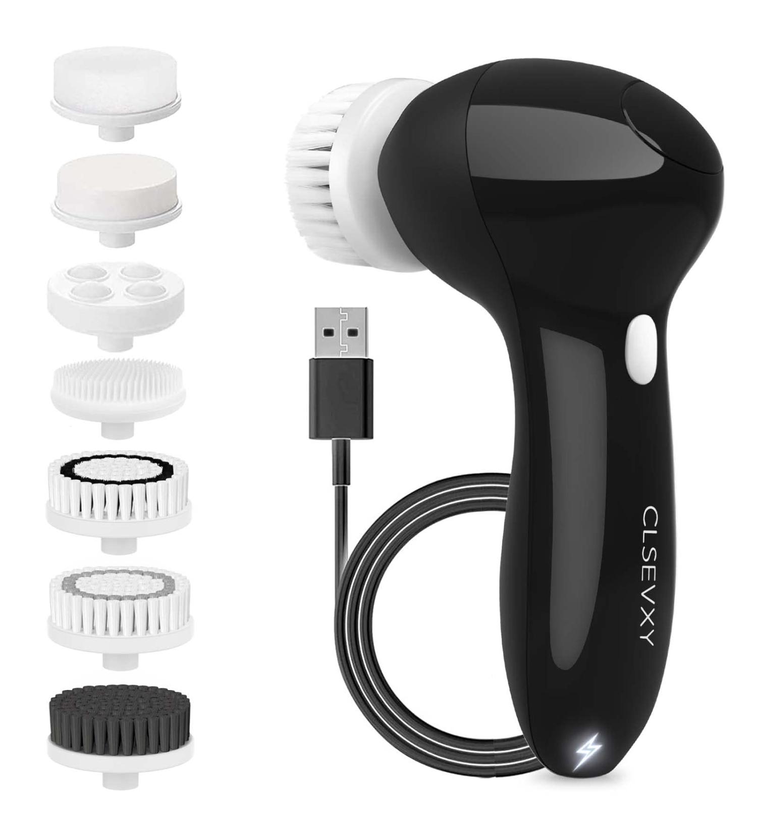 Electric Facial Cleansing Brush - USB Rechargeable, Waterproof, 7 Brush Heads - for Women & Men - Cleansing, Exfoliating, Massaging (Black) - Buy Online on GoSupps.com