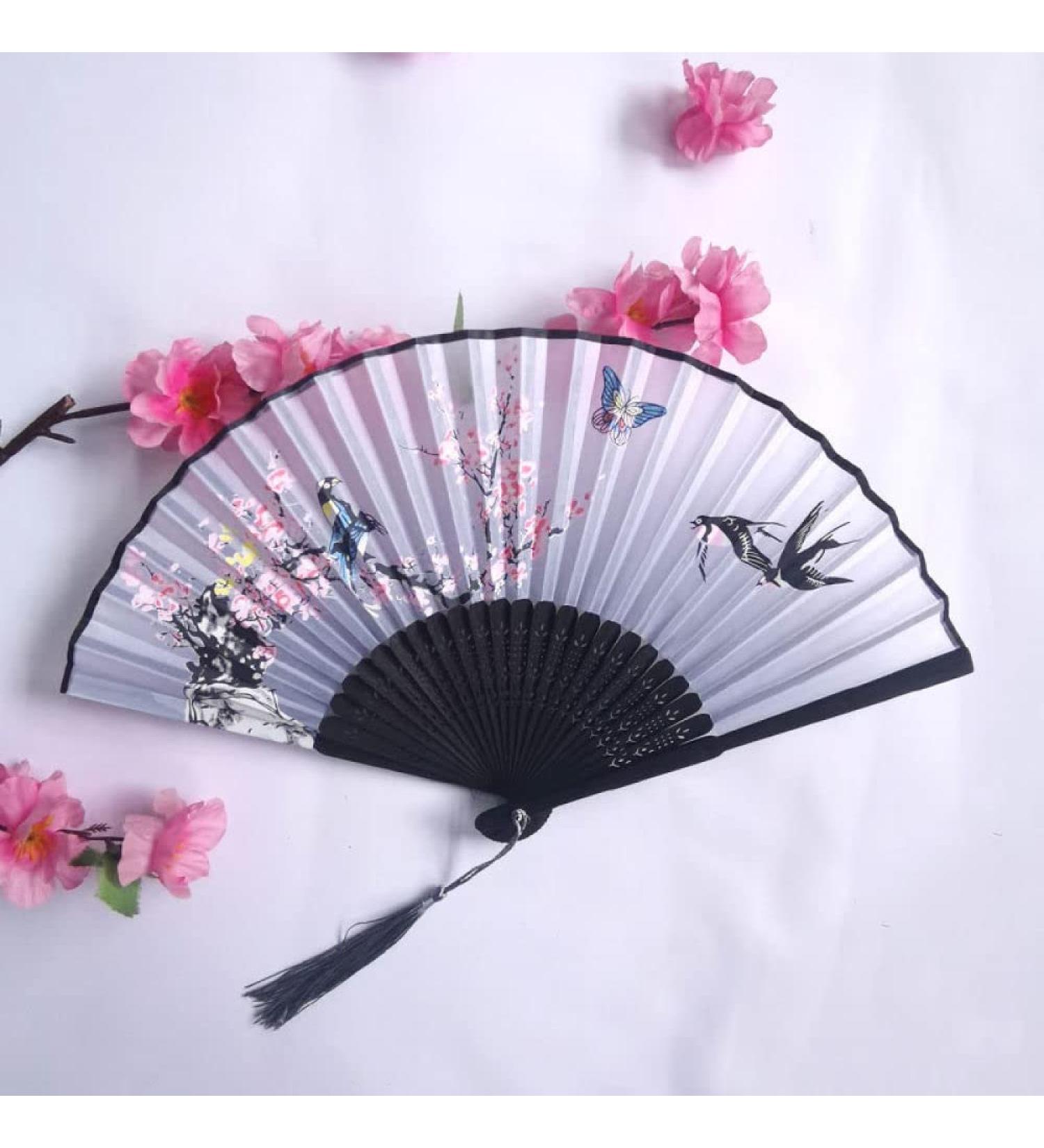 Hand Fans for Women Foldable 2Pcs Folding Hand Held Fans Elegant Flower Bird Butterfly Silk Fans with Grey Tassel Exquisite Black Bone Bamboo Chinese Fan for Dancing Party Wedding - Buy Online on GoSupps.com