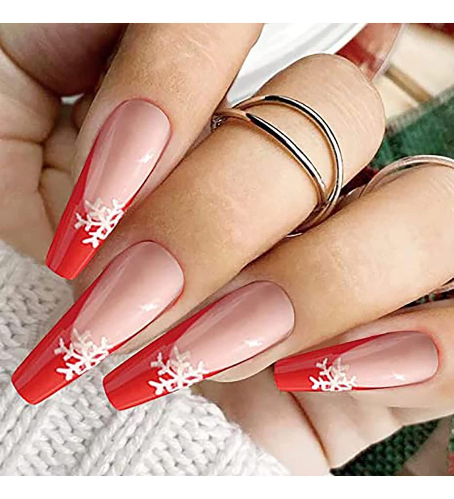 Vatocu Christmas False Nails - Long Xmas Press on Nails with Snowflakes Glitter - 24pcs Ballerina Acrylic Stick on Nails for Women and Girls - Buy Online on GoSupps.com